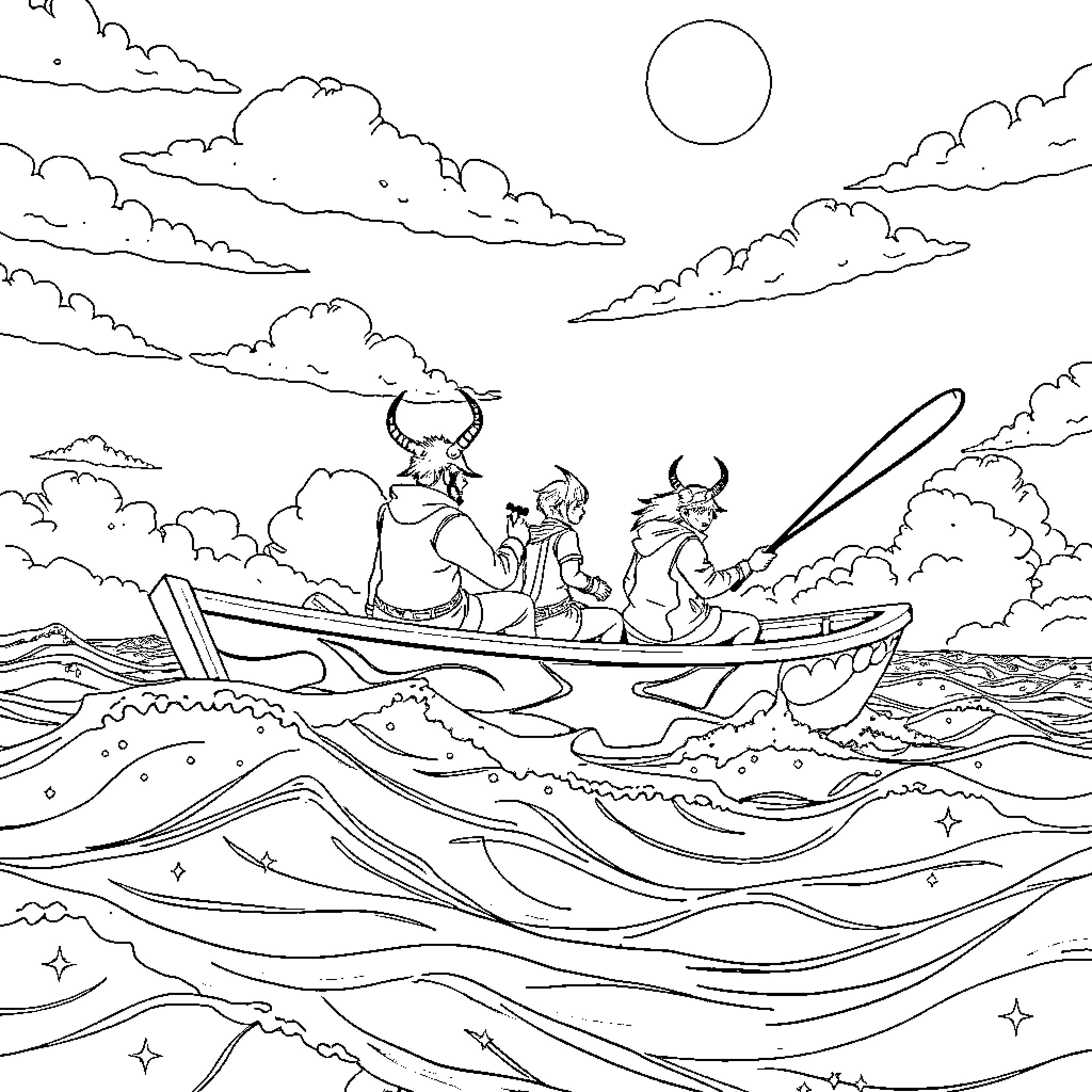 Demon Hunters Navigating Treacherous Seas Coloring Page (free black-and-white line drawing printable PDF for all, from beginners to advanced learners, including children, teens, adults, and seniors)