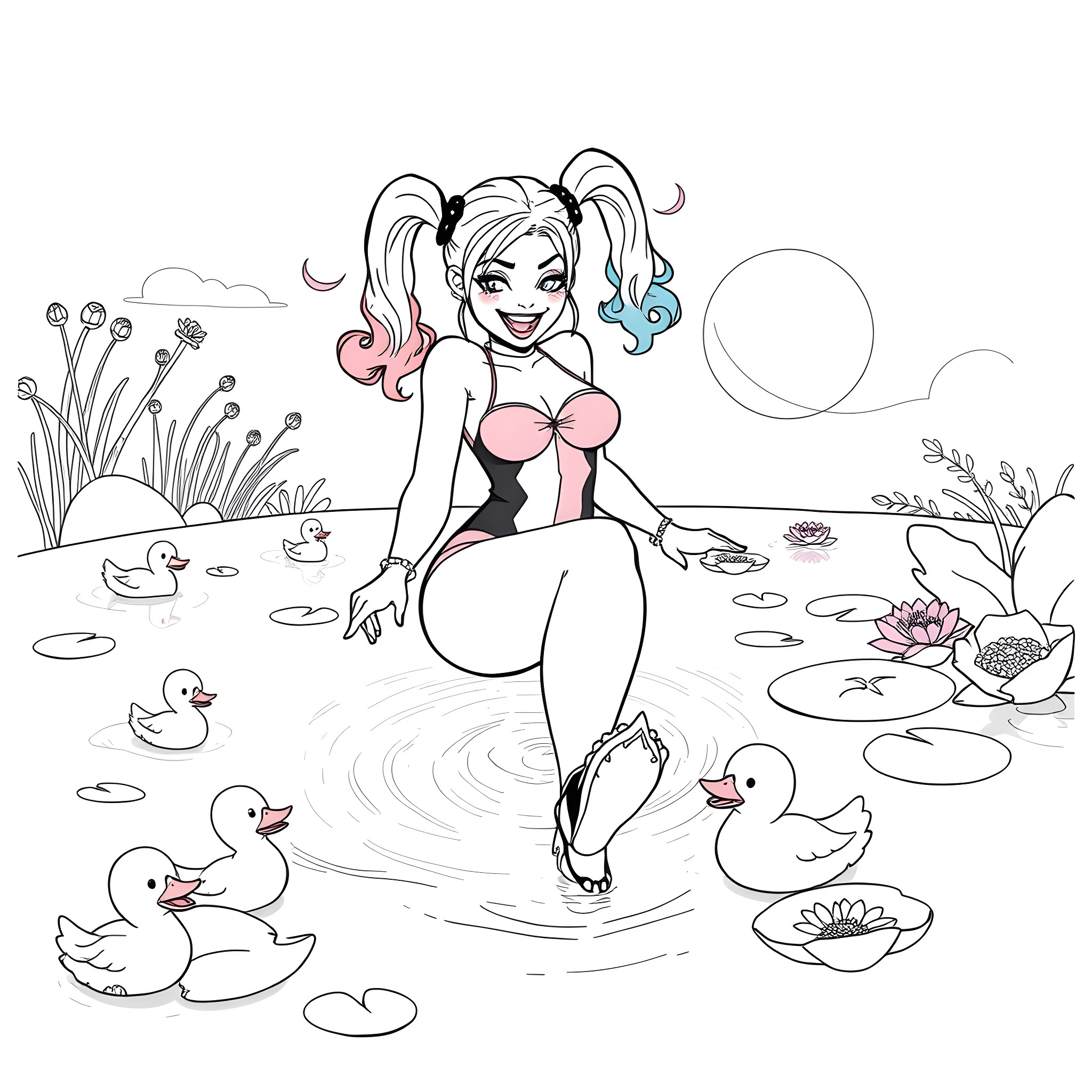 Harley Quinn frolicking playfully with ducklings in a serene pond Coloring Page (free black-and-white line drawing printable PDF for all, from beginners to advanced learners, including children, teens, adults, and seniors)
