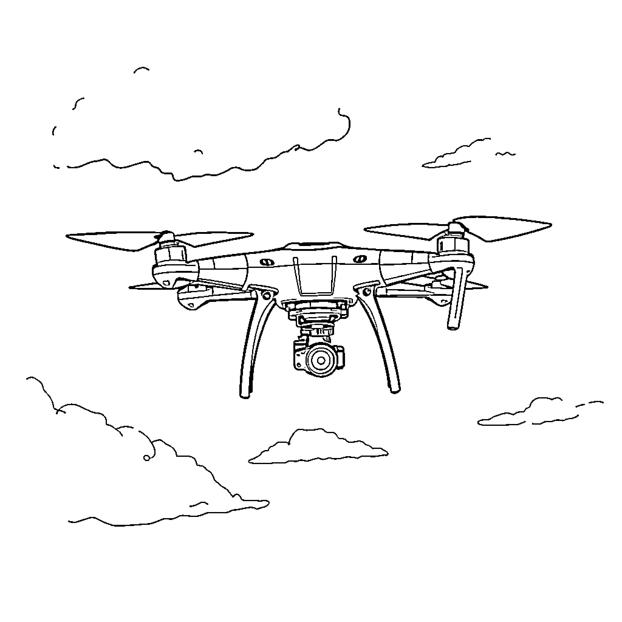 Drone flying in the sky with camera Coloring Page (free black-and-white line drawing printable PDF for all, from beginners to advanced learners, including children, teens, adults, and seniors)