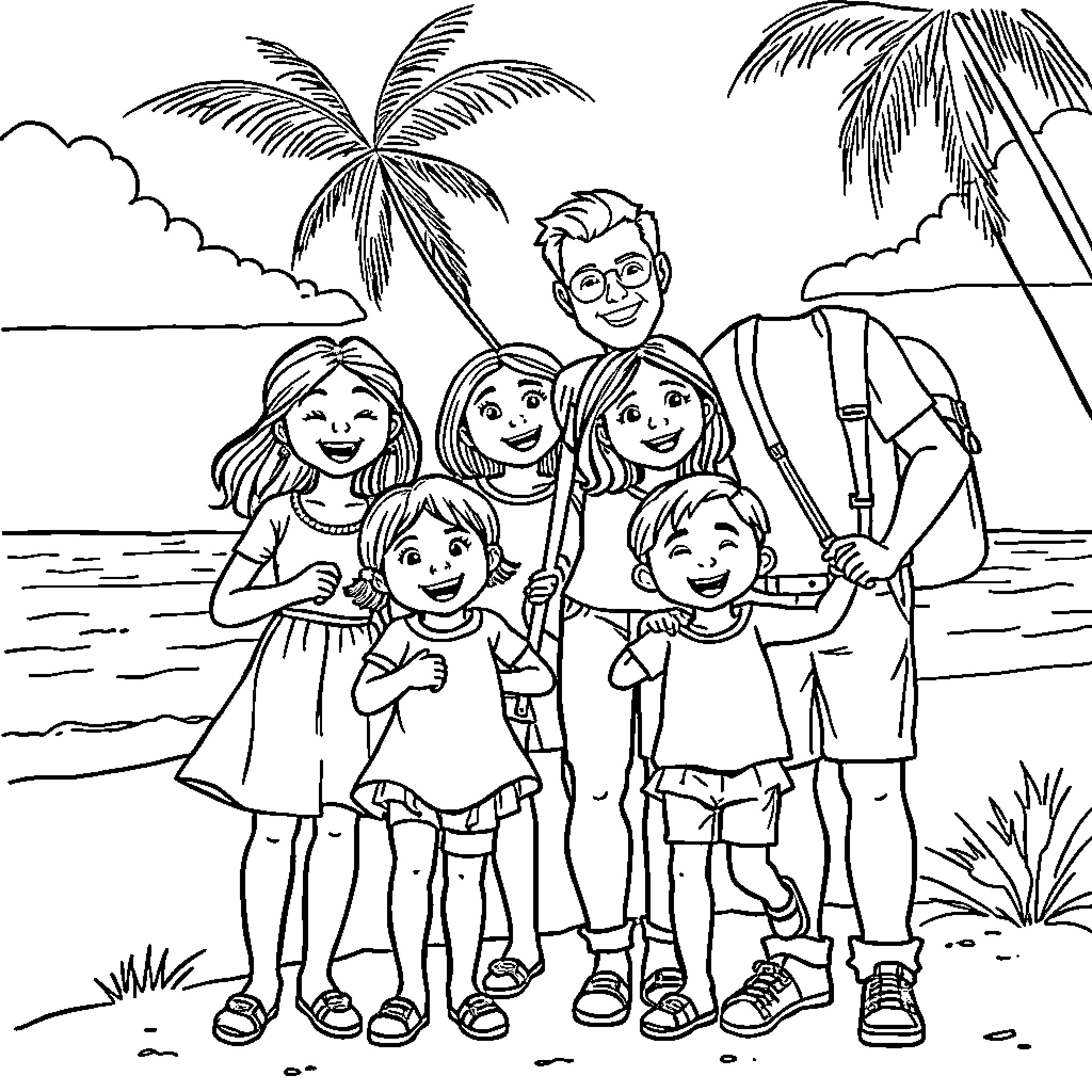 Family enjoying a day at the beach Coloring Page (free black-and-white line drawing printable PDF for all, from beginners to advanced learners, including children, teens, adults, and seniors)