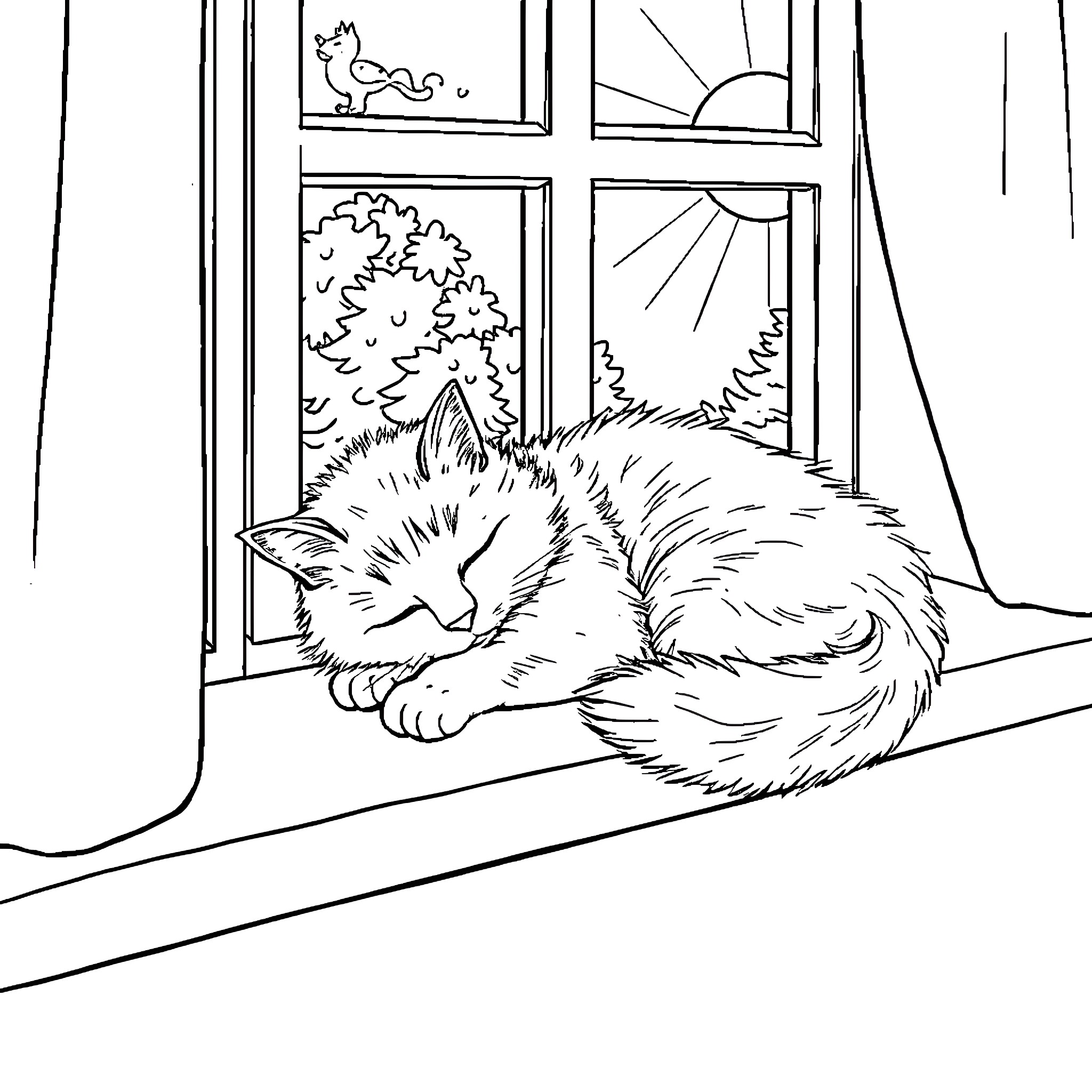 Cat napping peacefully by the window Coloring Page (free black-and-white line drawing printable PDF for all, from beginners to advanced learners, including children, teens, adults, and seniors)