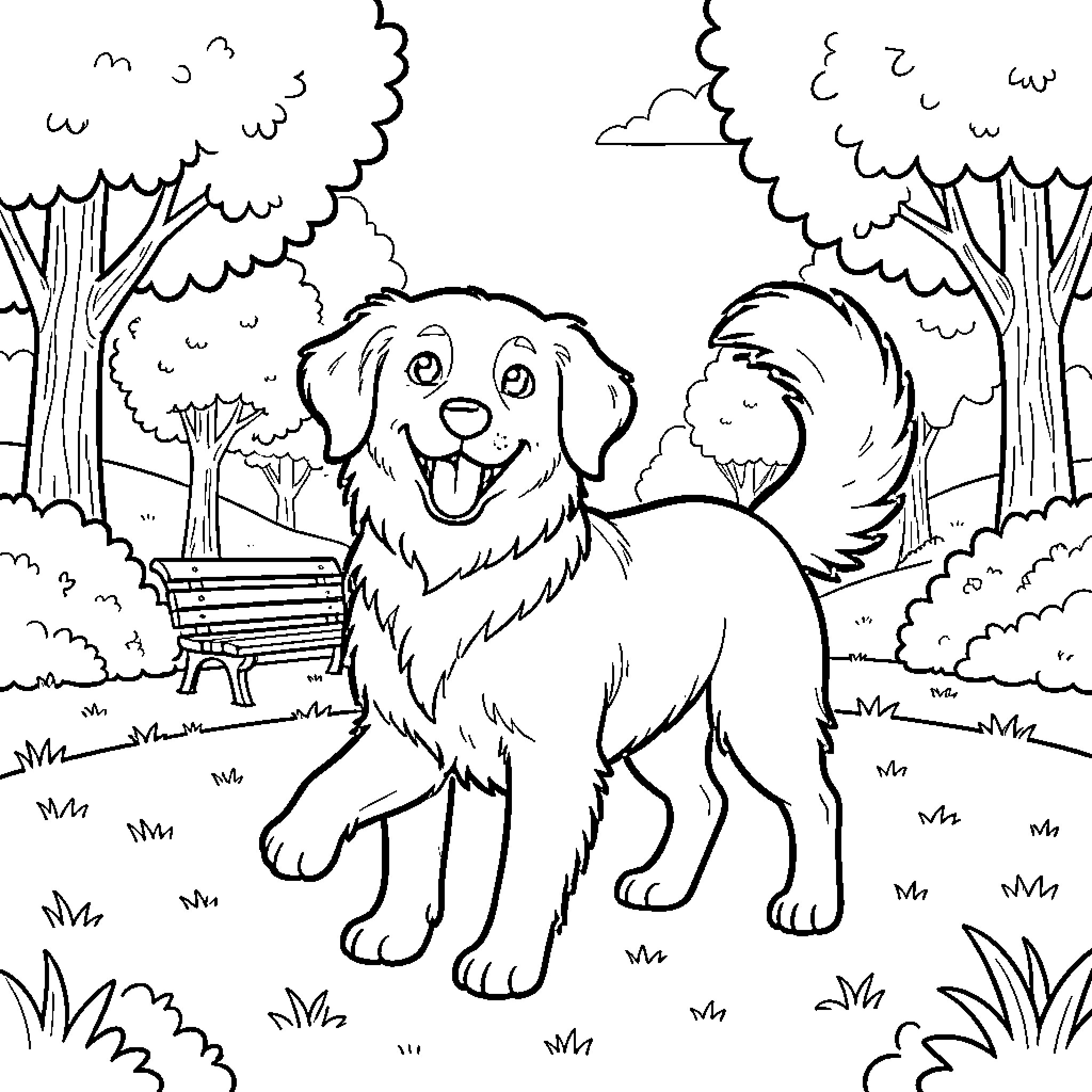 Dog enjoying a stroll in the park Coloring Page (free black-and-white line drawing printable PDF for all, from beginners to advanced learners, including children, teens, adults, and seniors)