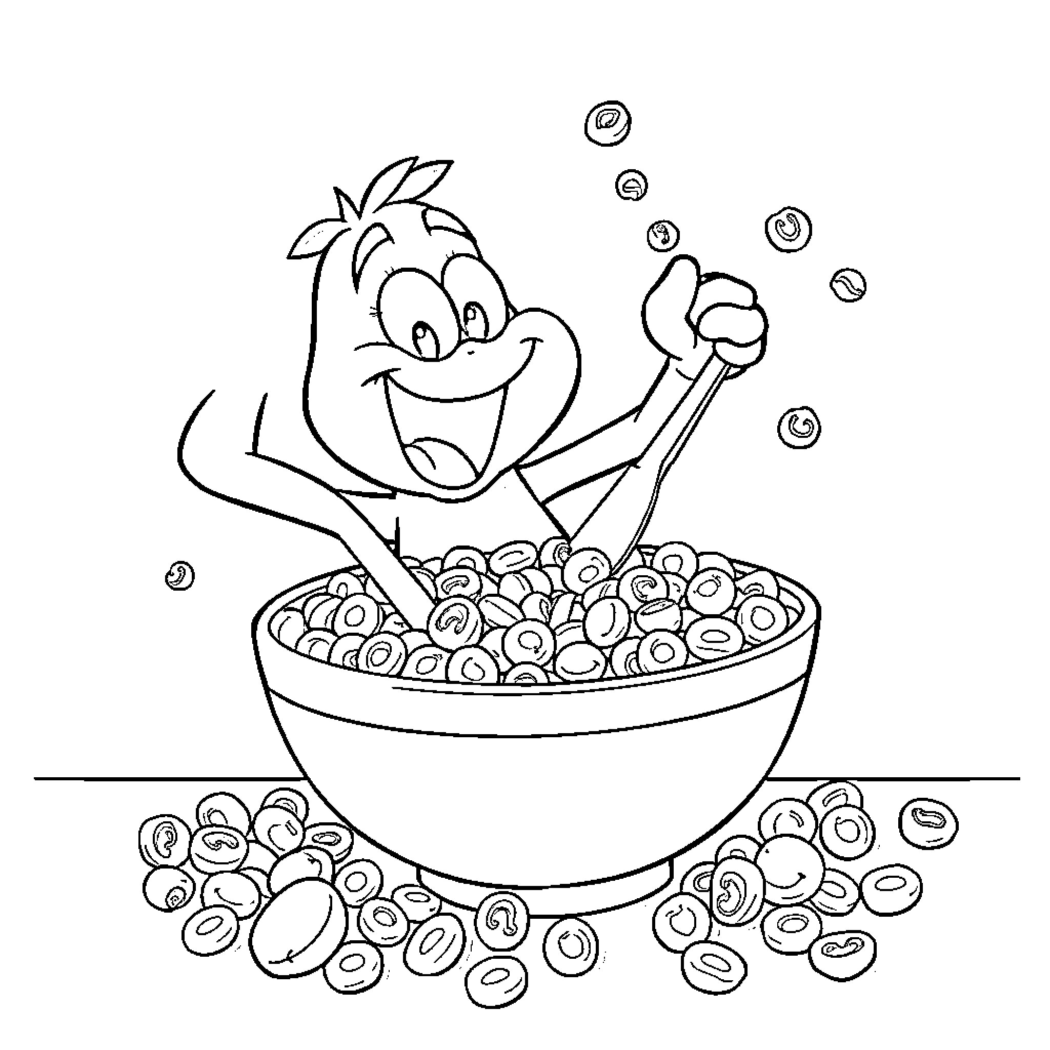 Bluey enjoying a bowl of bubbles Coloring Page (free black-and-white line drawing printable PDF for all, from beginners to advanced learners, including children, teens, adults, and seniors)