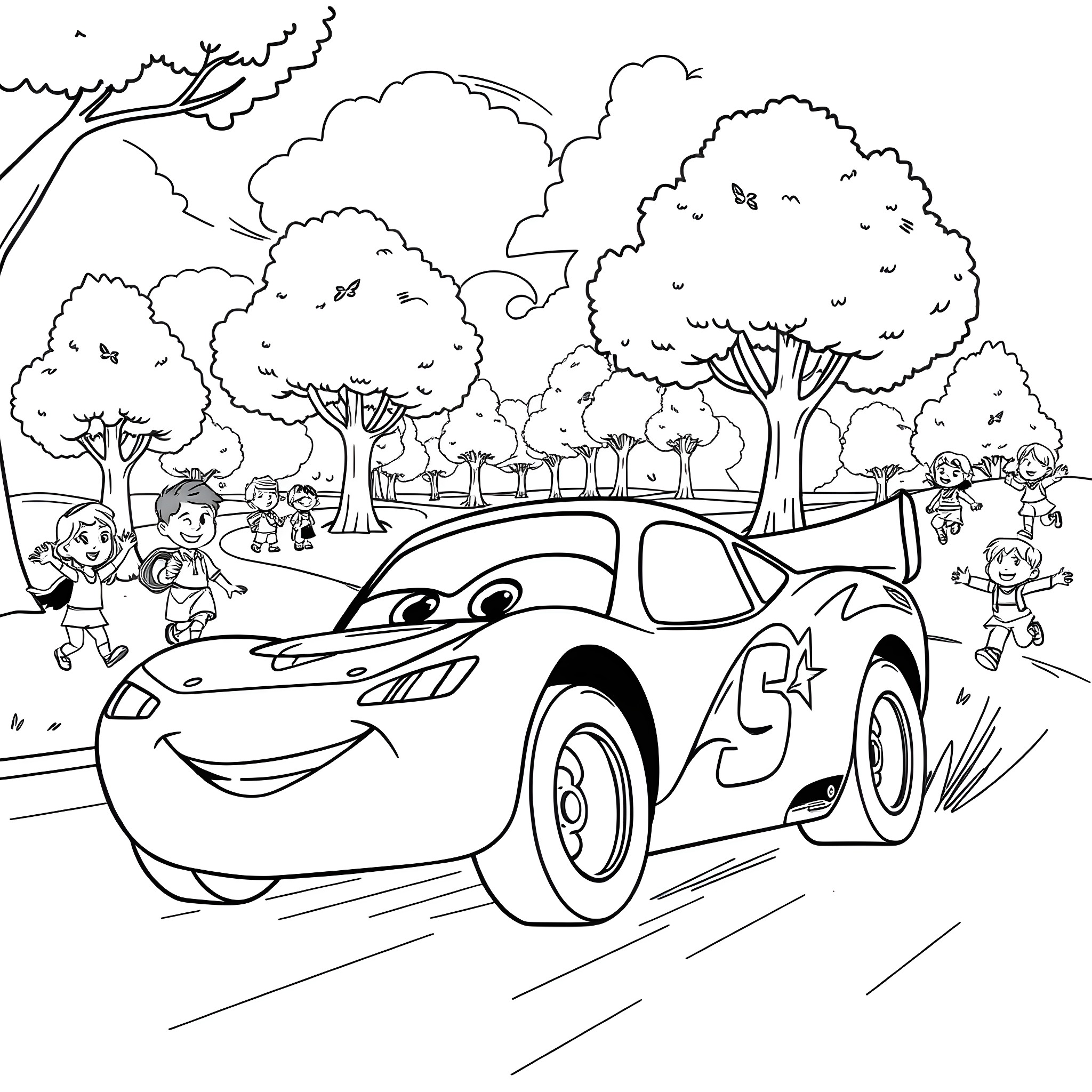 Lightning McQueen racing through a scenic forest Coloring Page (free black-and-white line drawing printable PDF for all, from beginners to advanced learners, including children, teens, adults, and seniors)