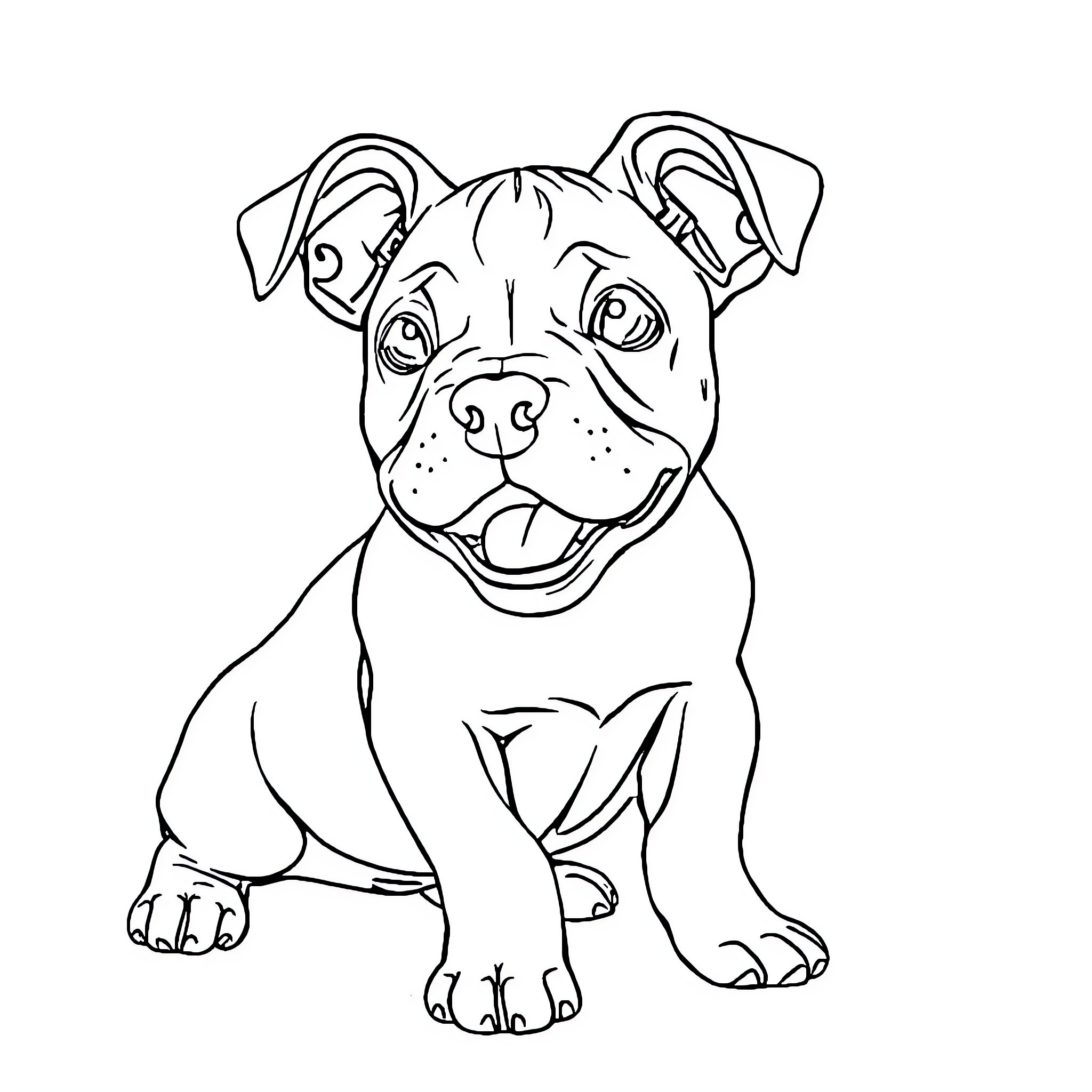 Pitbull puppy with a happy expression Coloring Page (free black-and-white line drawing printable PDF for all, from beginners to advanced learners, including children, teens, adults, and seniors)
