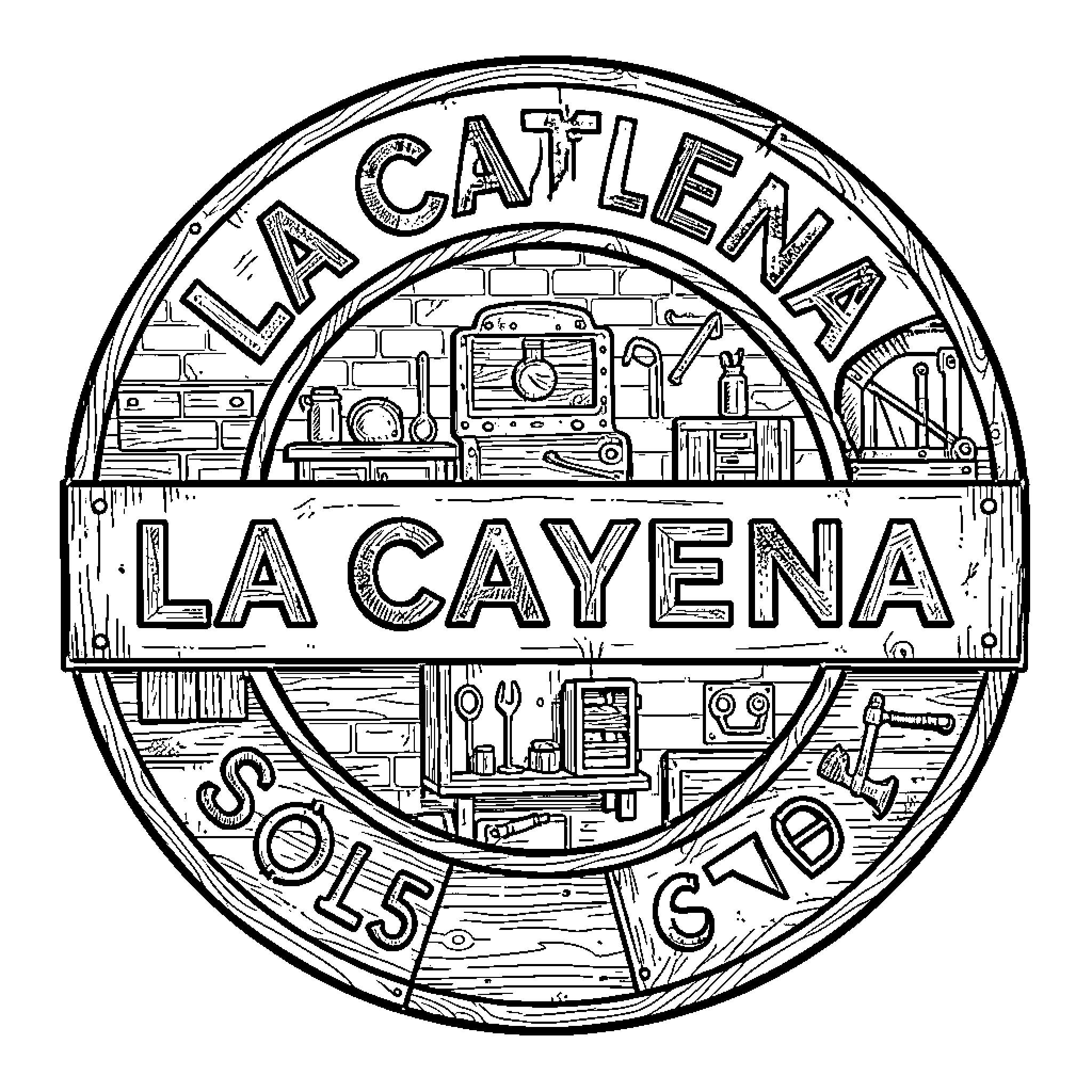 Cayena - Vintage Crest with Industrial Machinery Coloring Page (free black-and-white line drawing printable PDF for all, from beginners to advanced learners, including children, teens, adults, and seniors)