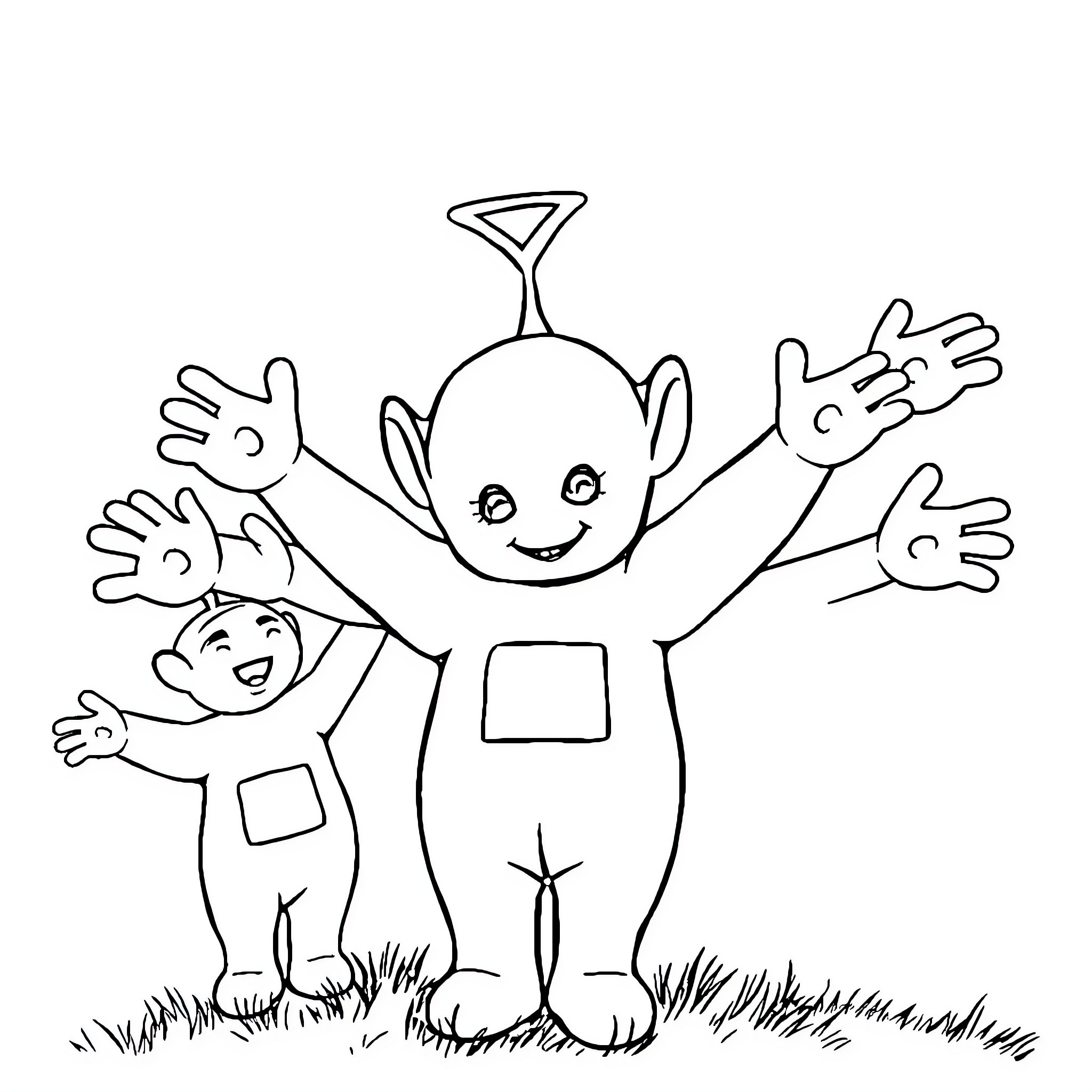 Teletubbies enjoying playtime in nature Coloring Page (free black-and-white line drawing printable PDF for all, from beginners to advanced learners, including children, teens, adults, and seniors)