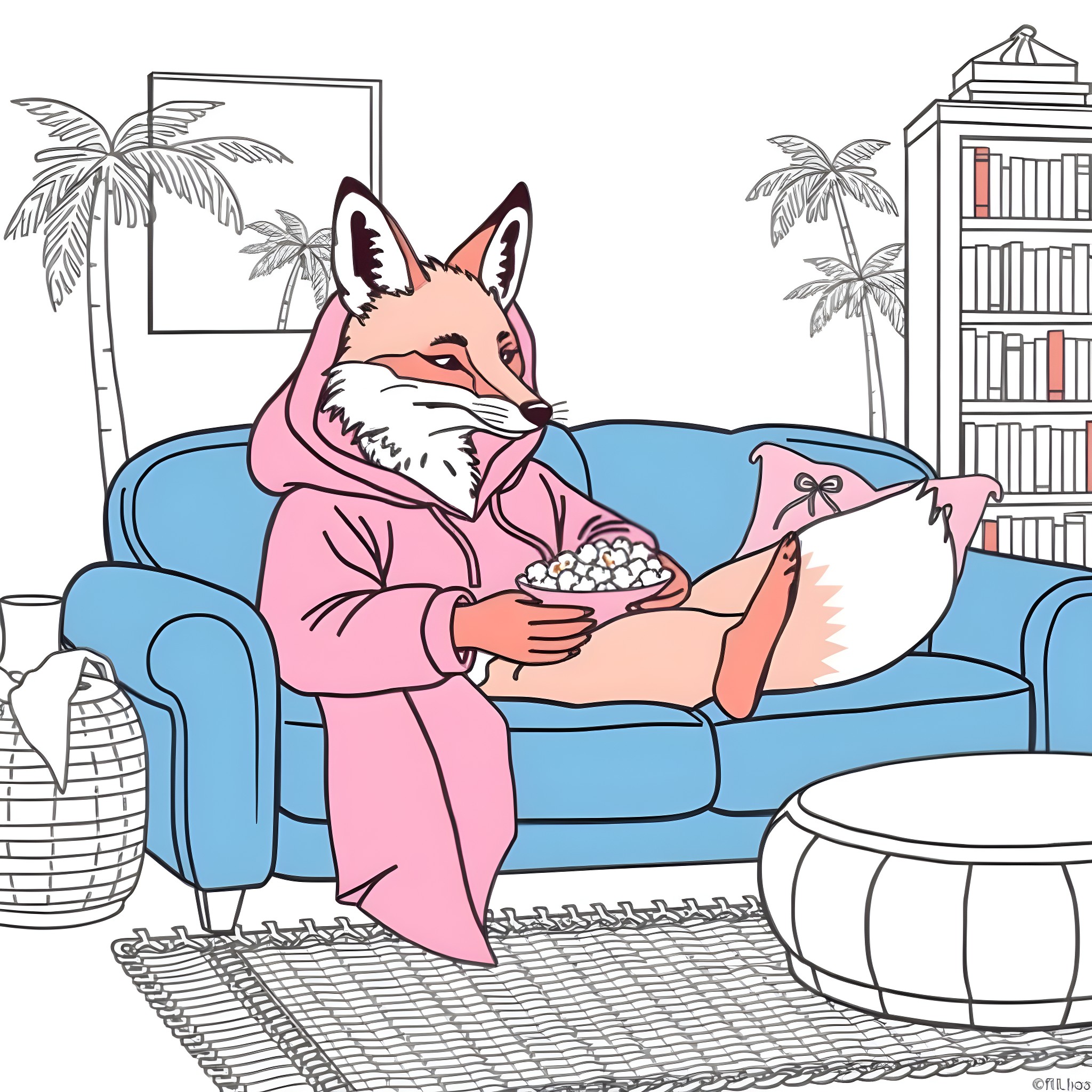 Fox relaxing in cozy living room with snacks Coloring Page (free black-and-white line drawing printable PDF for all, from beginners to advanced learners, including children, teens, adults, and seniors)