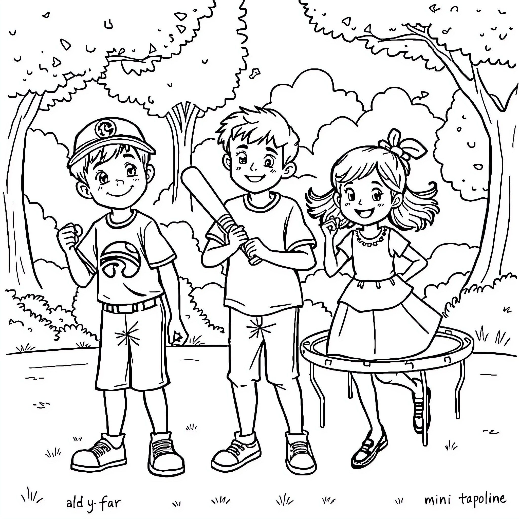 Child Explorers Enjoying Nature Adventure Coloring Page (free black-and-white line drawing printable PDF for all, from beginners to advanced learners, including children, teens, adults, and seniors)