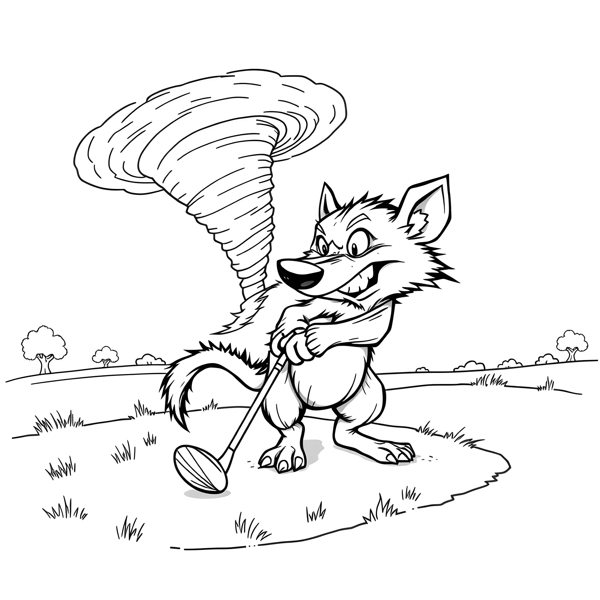 Tasmanian Devil chasing a tornado in the countryside Coloring Page (free black-and-white line drawing printable PDF for all, from beginners to advanced learners, including children, teens, adults, and seniors)