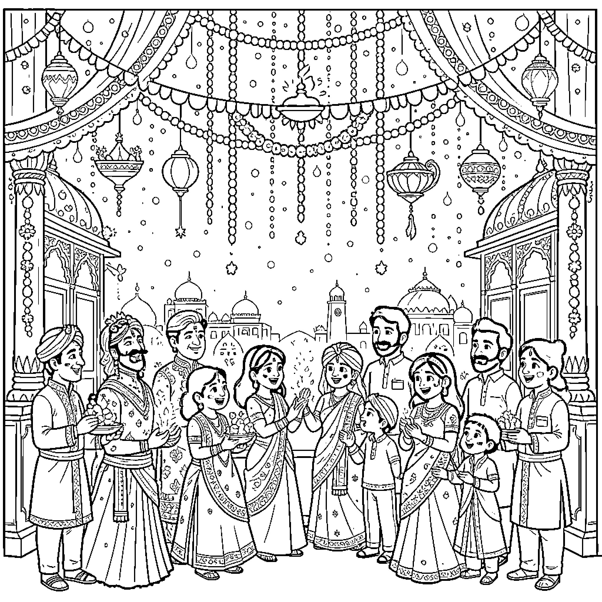 Diwali celebration with traditional outfits and decorations Coloring Page (free black-and-white line drawing printable PDF for all, from beginners to advanced learners, including children, teens, adults, and seniors)