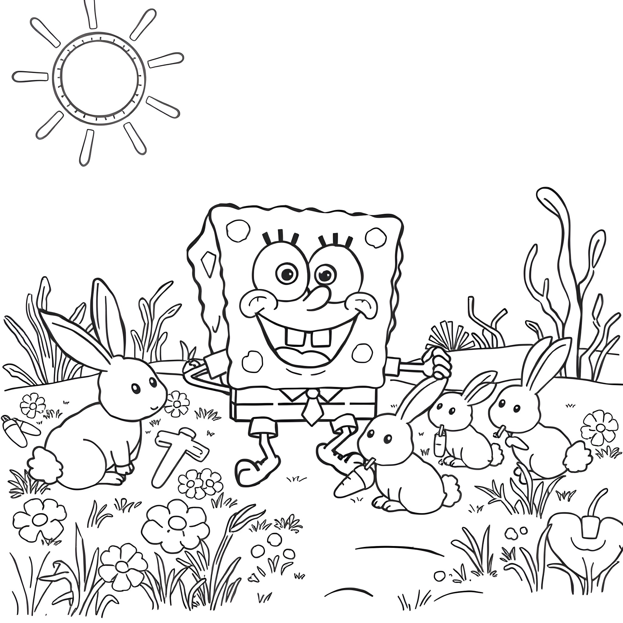 Spongebob's fun adventure with woodland friends Coloring Page (free black-and-white line drawing printable PDF for all, from beginners to advanced learners, including children, teens, adults, and seniors)
