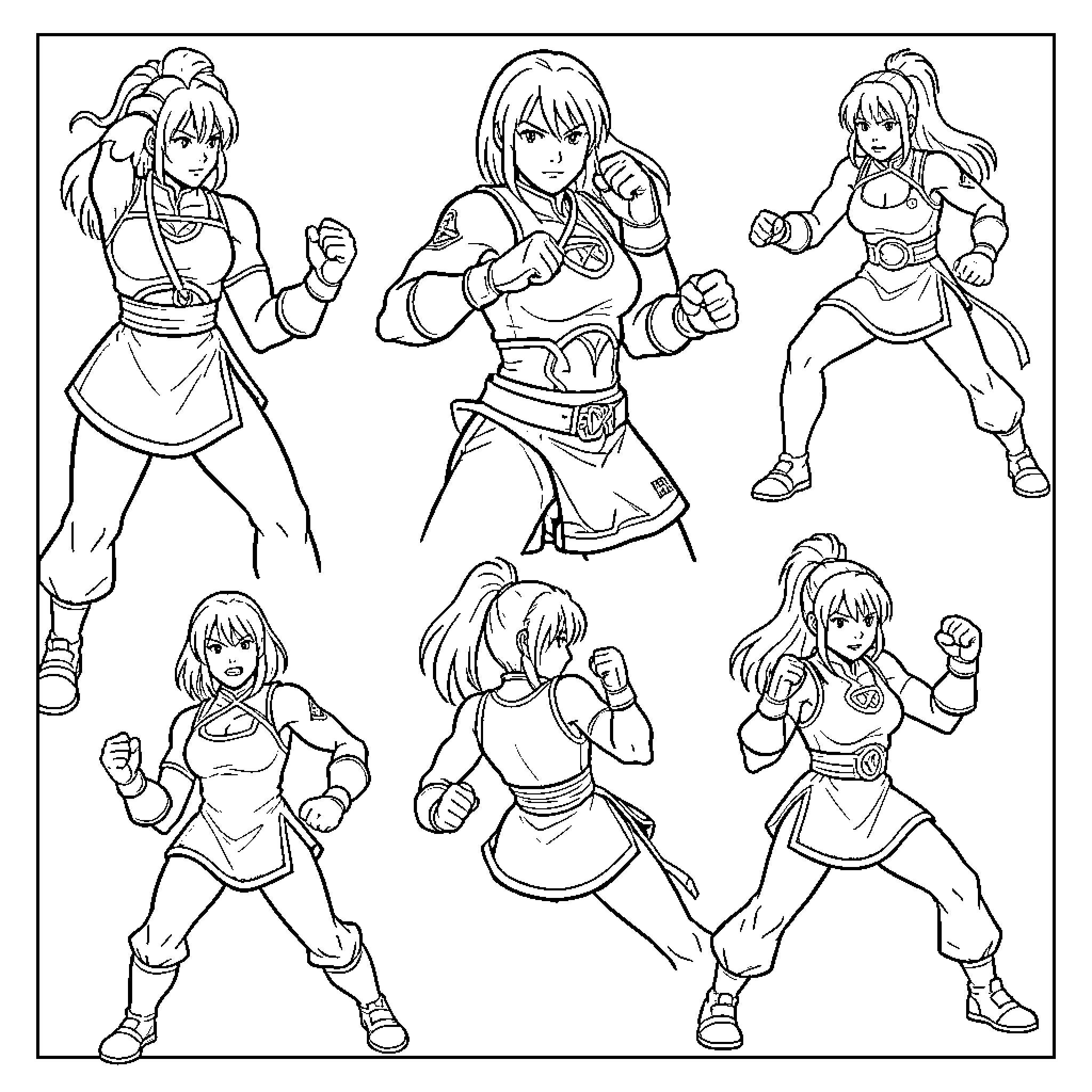 Chunli's martial arts moves and poses Coloring Page (free black-and-white line drawing printable PDF for all, from beginners to advanced learners, including children, teens, adults, and seniors)