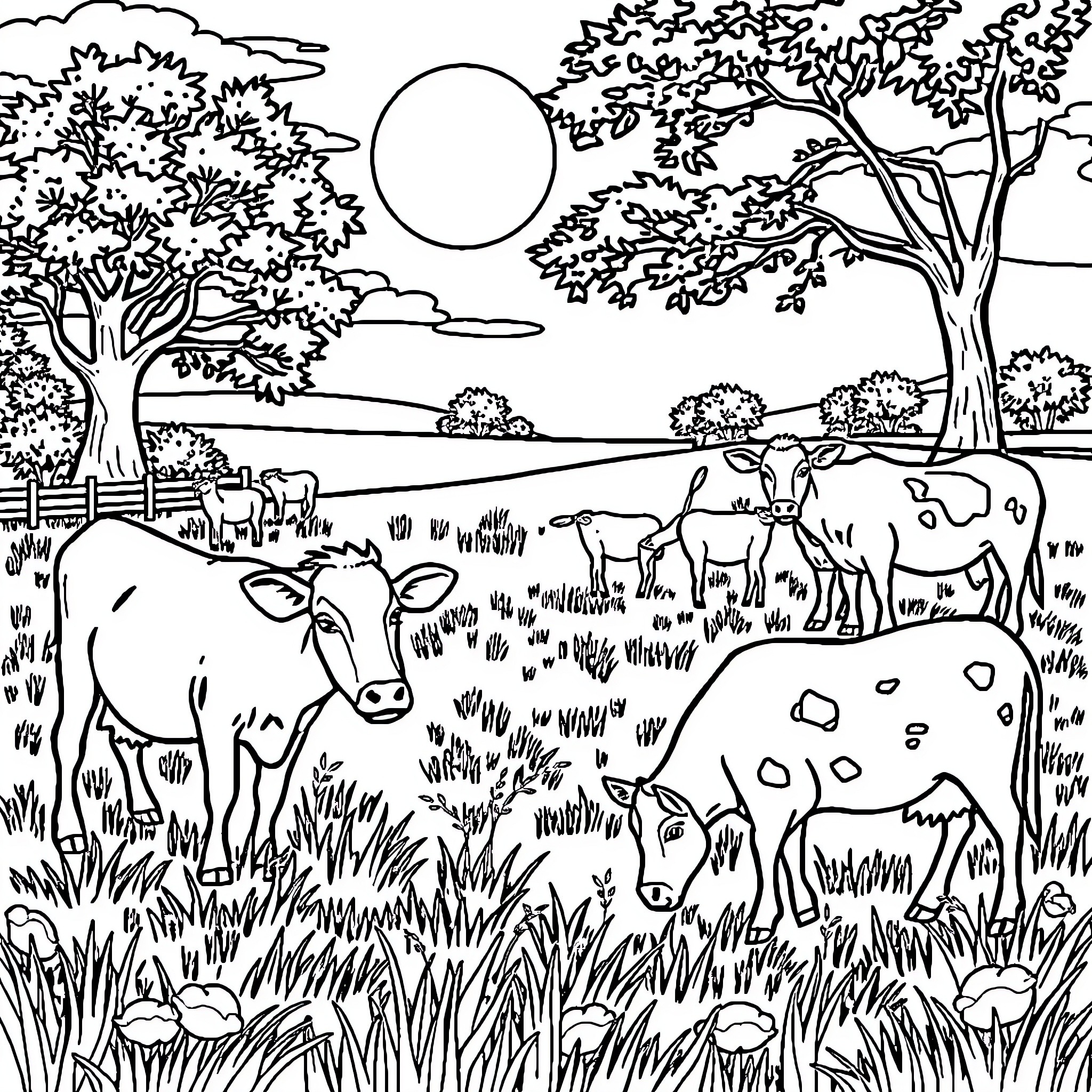 Farm Animal Landscape with Grazing Cattle Coloring Page (free black-and-white line drawing printable PDF for all, from beginners to advanced learners, including children, teens, adults, and seniors)