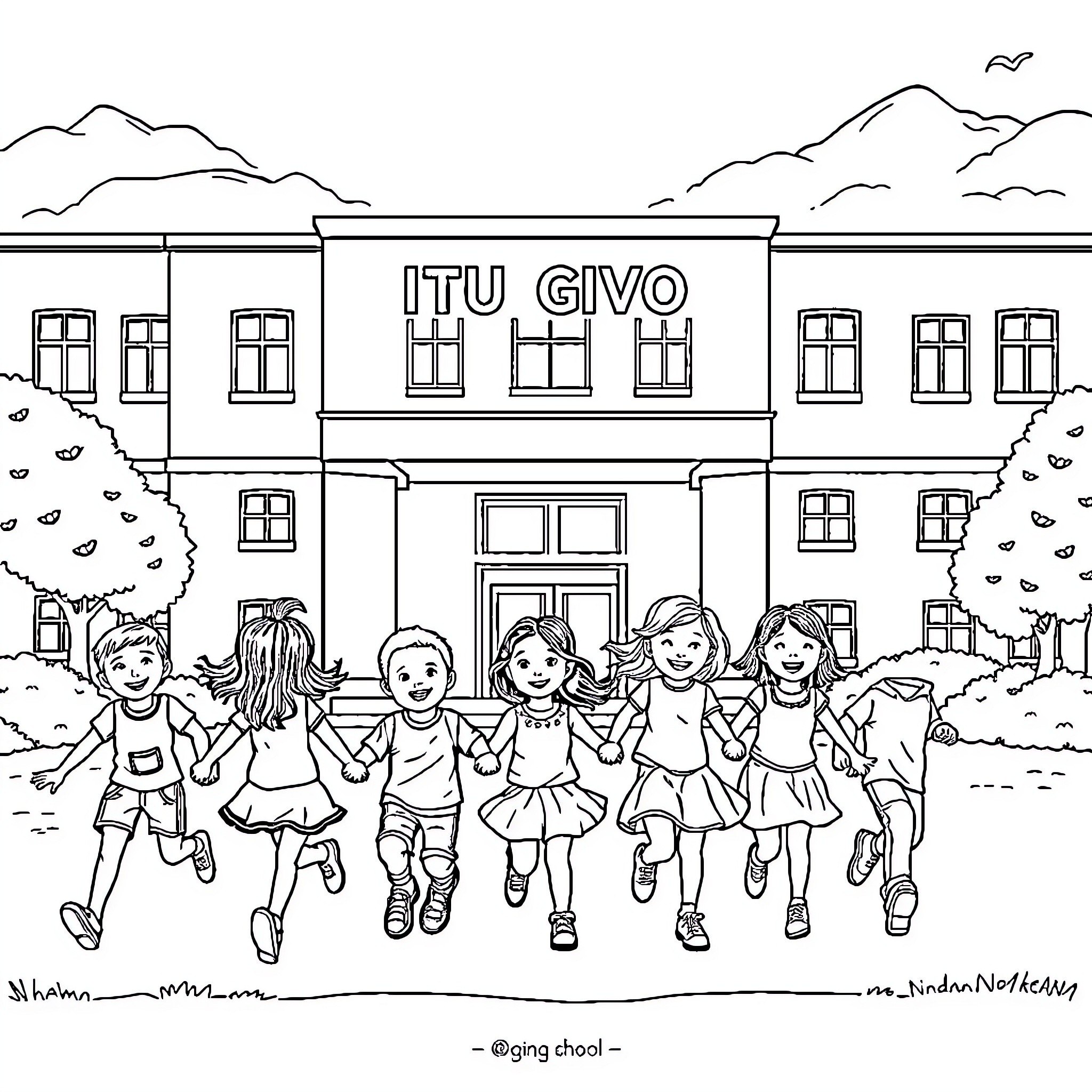 Kid students running happily outside school Coloring Page (free black-and-white line drawing printable PDF for all, from beginners to advanced learners, including children, teens, adults, and seniors)