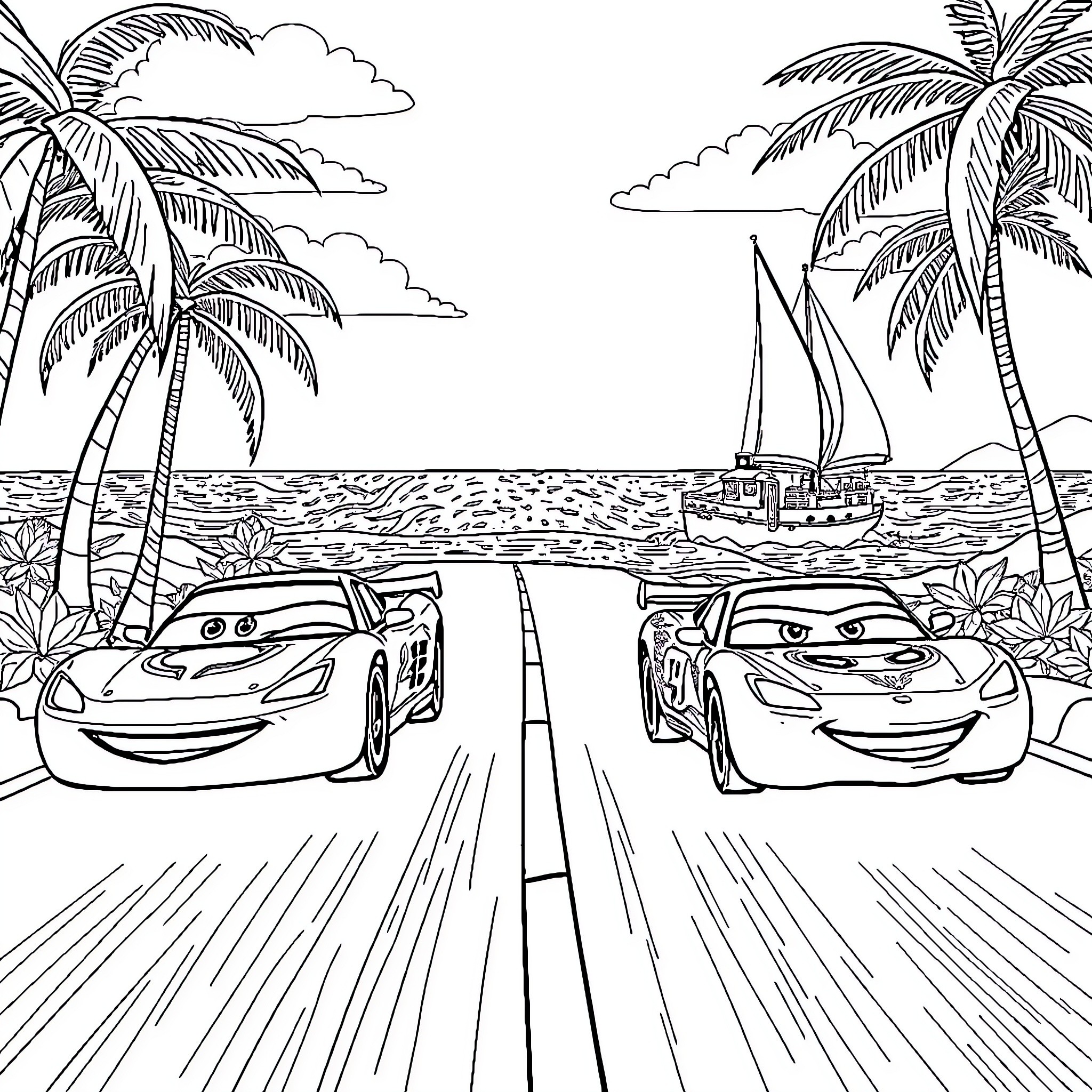 Cars on the Beach with Palm Trees and Sailboat Coloring Page (free black-and-white line drawing printable PDF for all, from beginners to advanced learners, including children, teens, adults, and seniors)