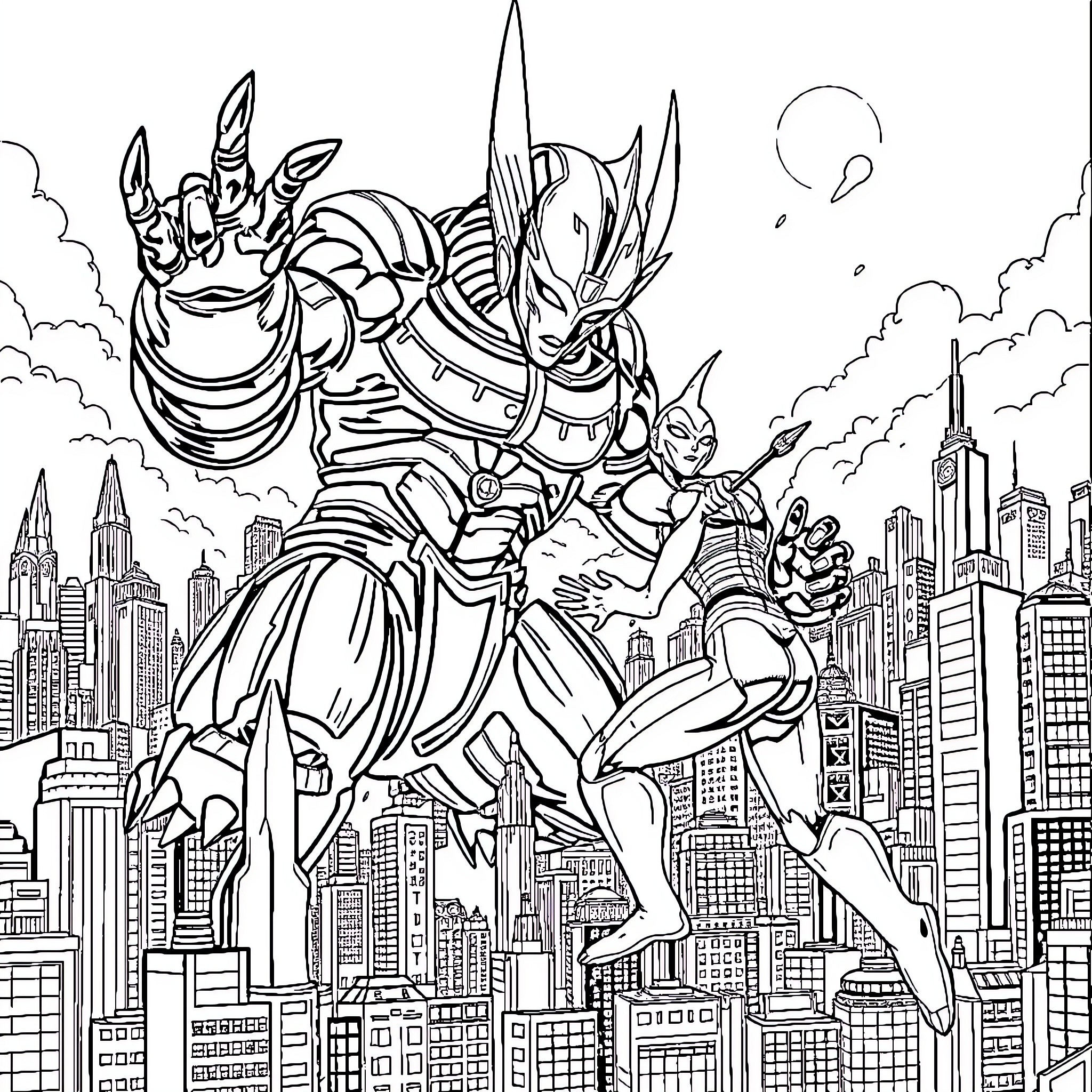 Ultraman defending the city from a giant monster Coloring Page (free black-and-white line drawing printable PDF for all, from beginners to advanced learners, including children, teens, adults, and seniors)