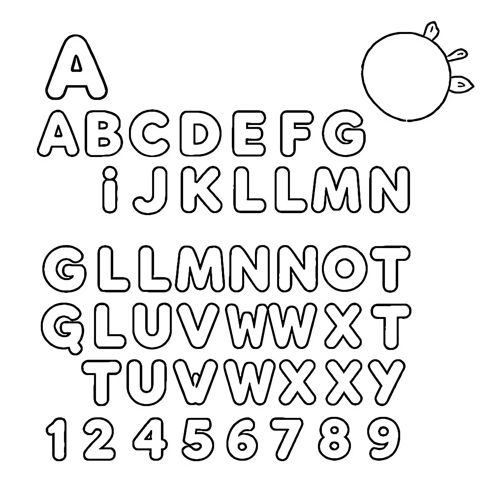 Alphabet with cartoon characters and shapes Coloring Page (free black-and-white line drawing printable PDF for all, from beginners to advanced learners, including children, teens, adults, and seniors)