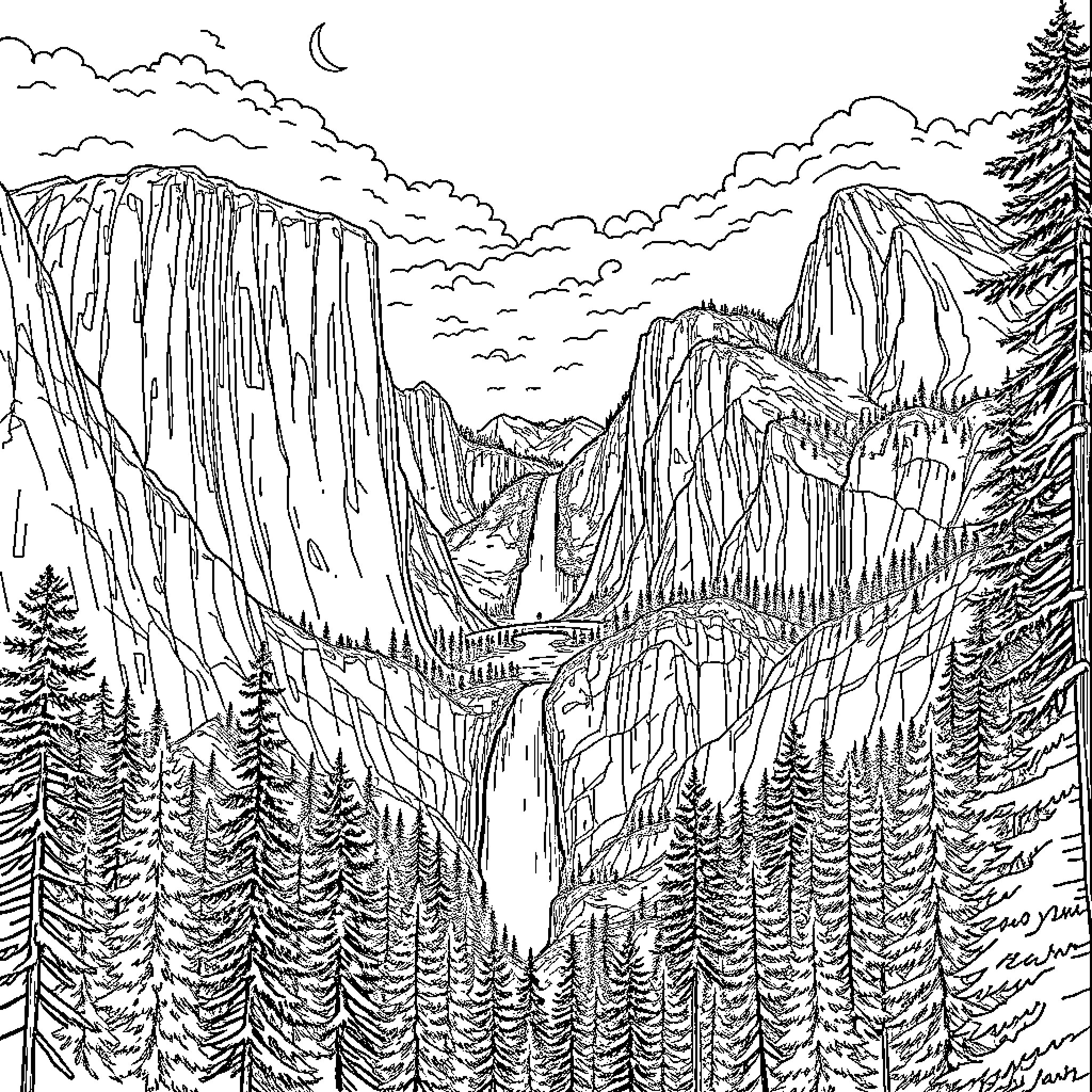Yosemite scenic landscape with mountains and forests Coloring Page (free black-and-white line drawing printable PDF for all, from beginners to advanced learners, including children, teens, adults, and seniors)