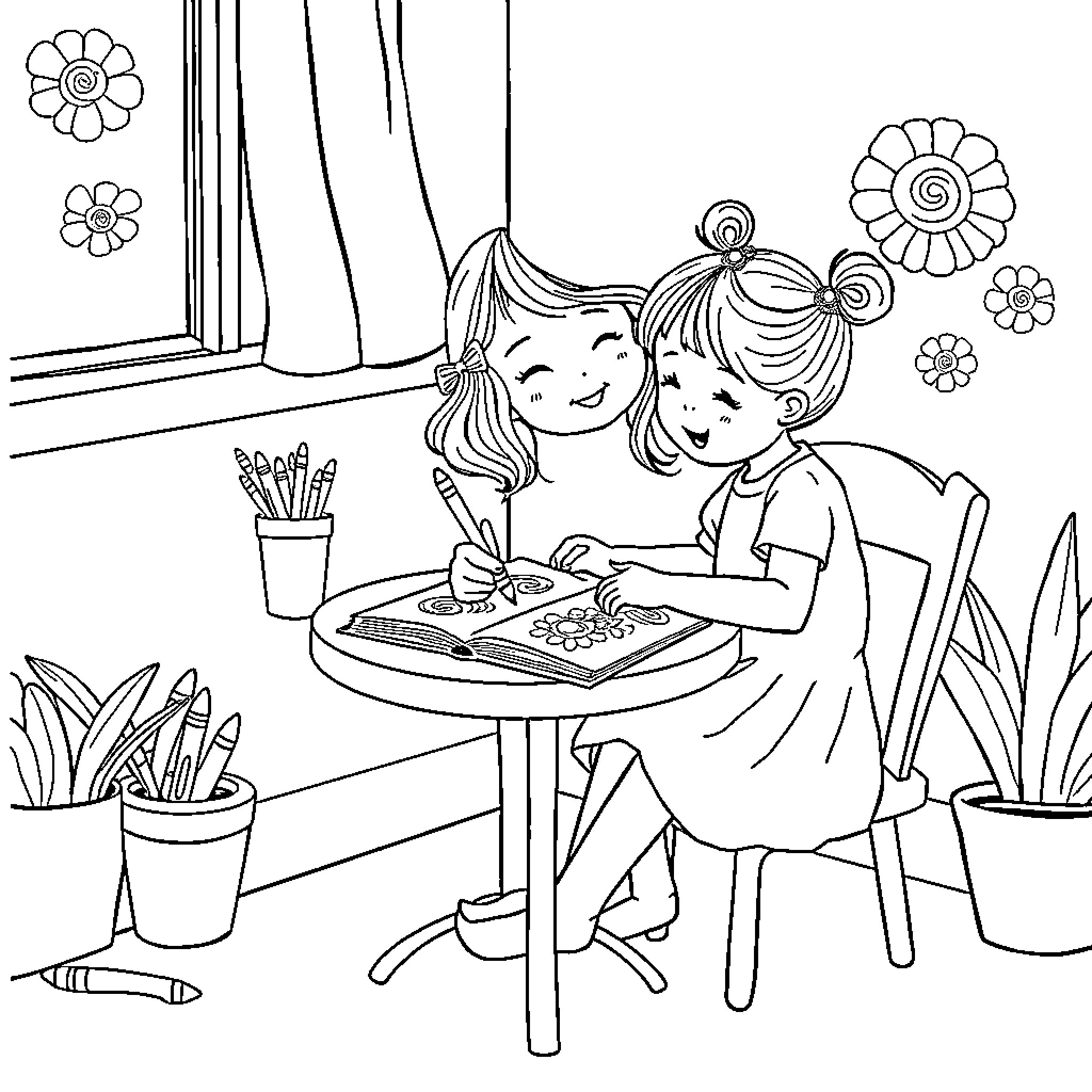 Girl and Friend Coloring Together at Table Coloring Page (free black-and-white line drawing printable PDF for all, from beginners to advanced learners, including children, teens, adults, and seniors)