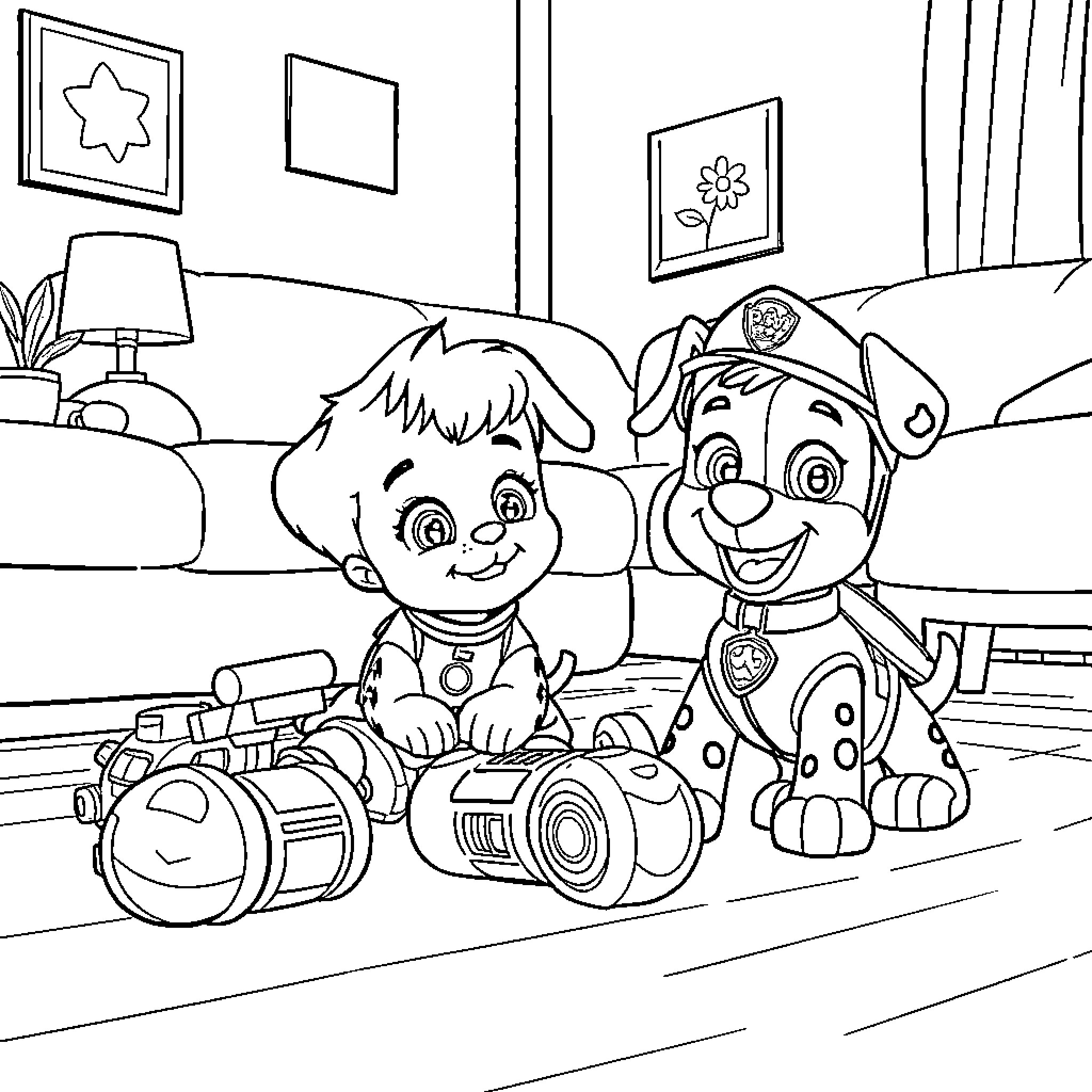 Teenieping playing with Paw Patrol toys in room Coloring Page (free black-and-white line drawing printable PDF for all, from beginners to advanced learners, including children, teens, adults, and seniors)