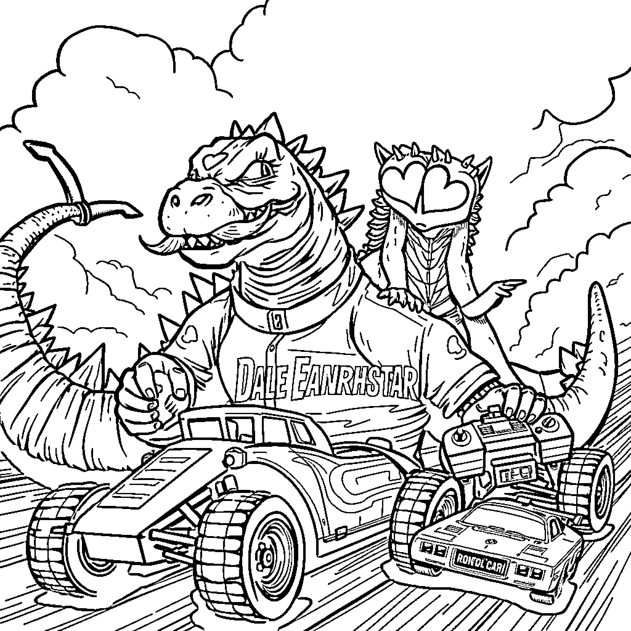 Godzilla Wreaking Havoc with Vehicles and Weaponry Coloring Page (free black-and-white line drawing printable PDF for all, from beginners to advanced learners, including children, teens, adults, and seniors)