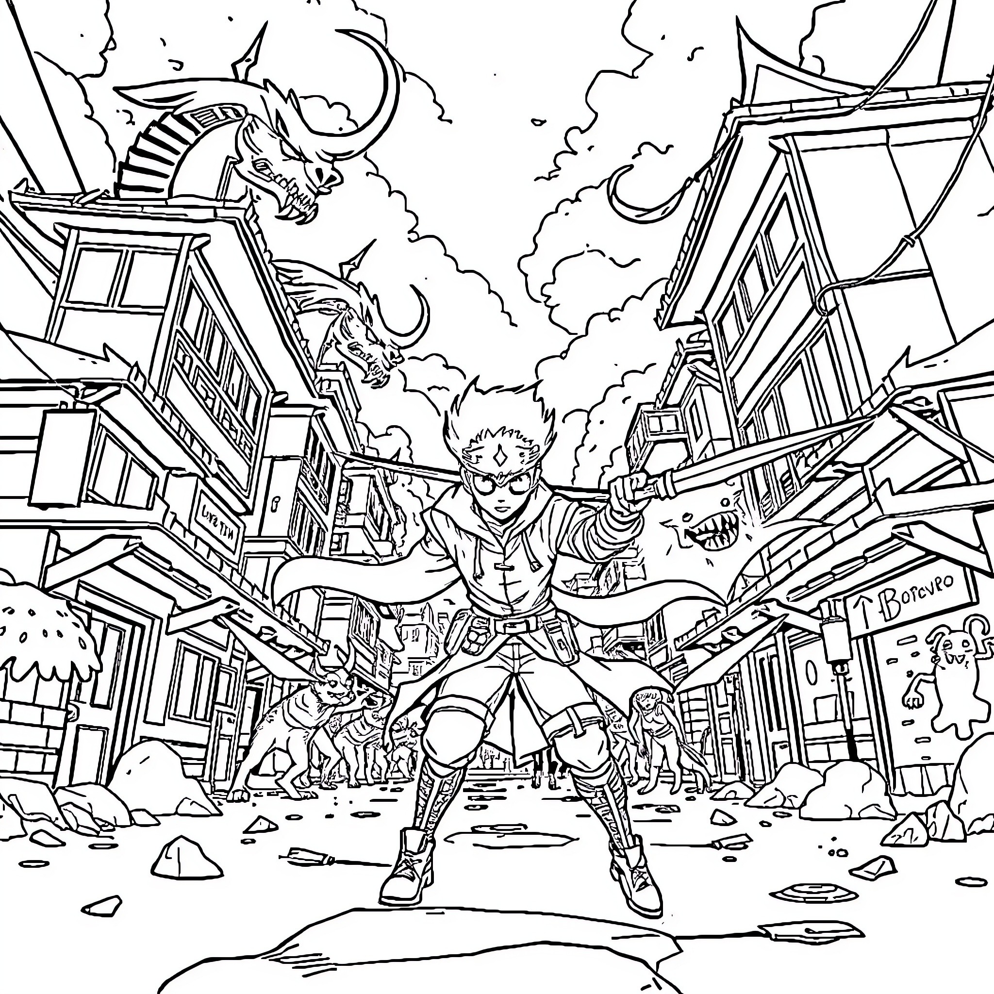 Demon Hunter battles the forces of darkness in the city Coloring Page (free black-and-white line drawing printable PDF for all, from beginners to advanced learners, including children, teens, adults, and seniors)