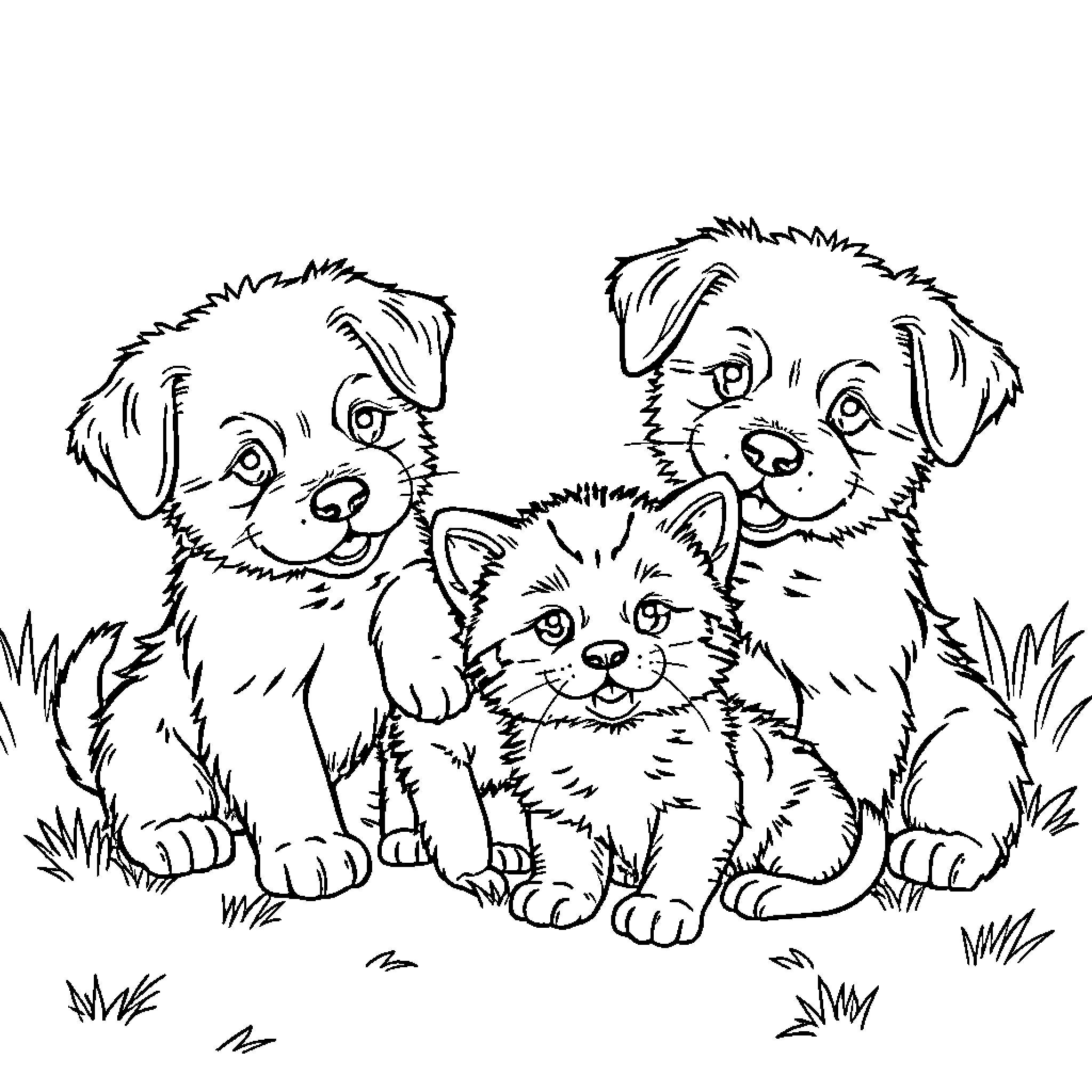 Puppy and kitten playing together in the grass Coloring Page (free black-and-white line drawing printable PDF for all, from beginners to advanced learners, including children, teens, adults, and seniors)