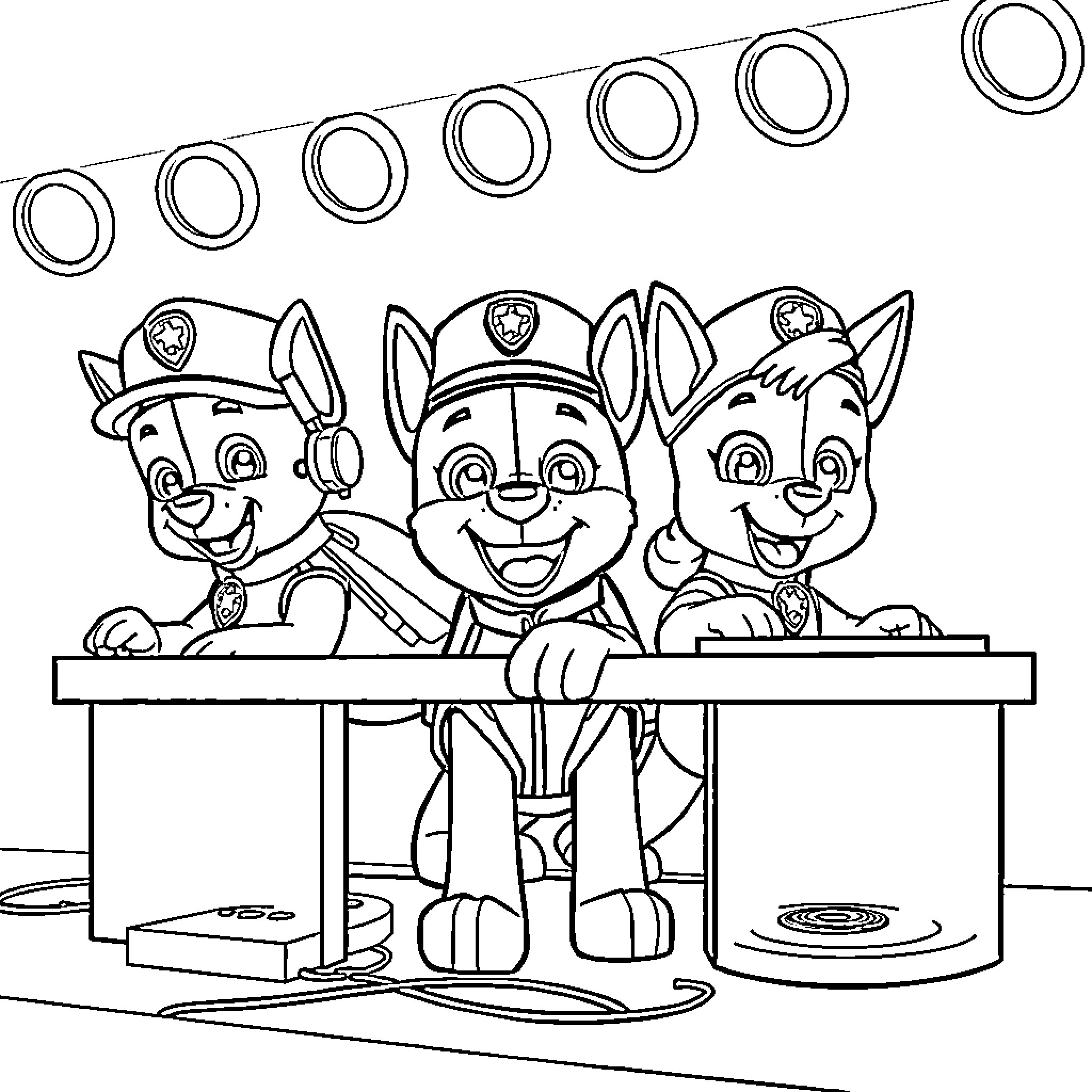 Paw Patrol trio standing on a desk Coloring Page (free black-and-white line drawing printable PDF for all, from beginners to advanced learners, including children, teens, adults, and seniors)