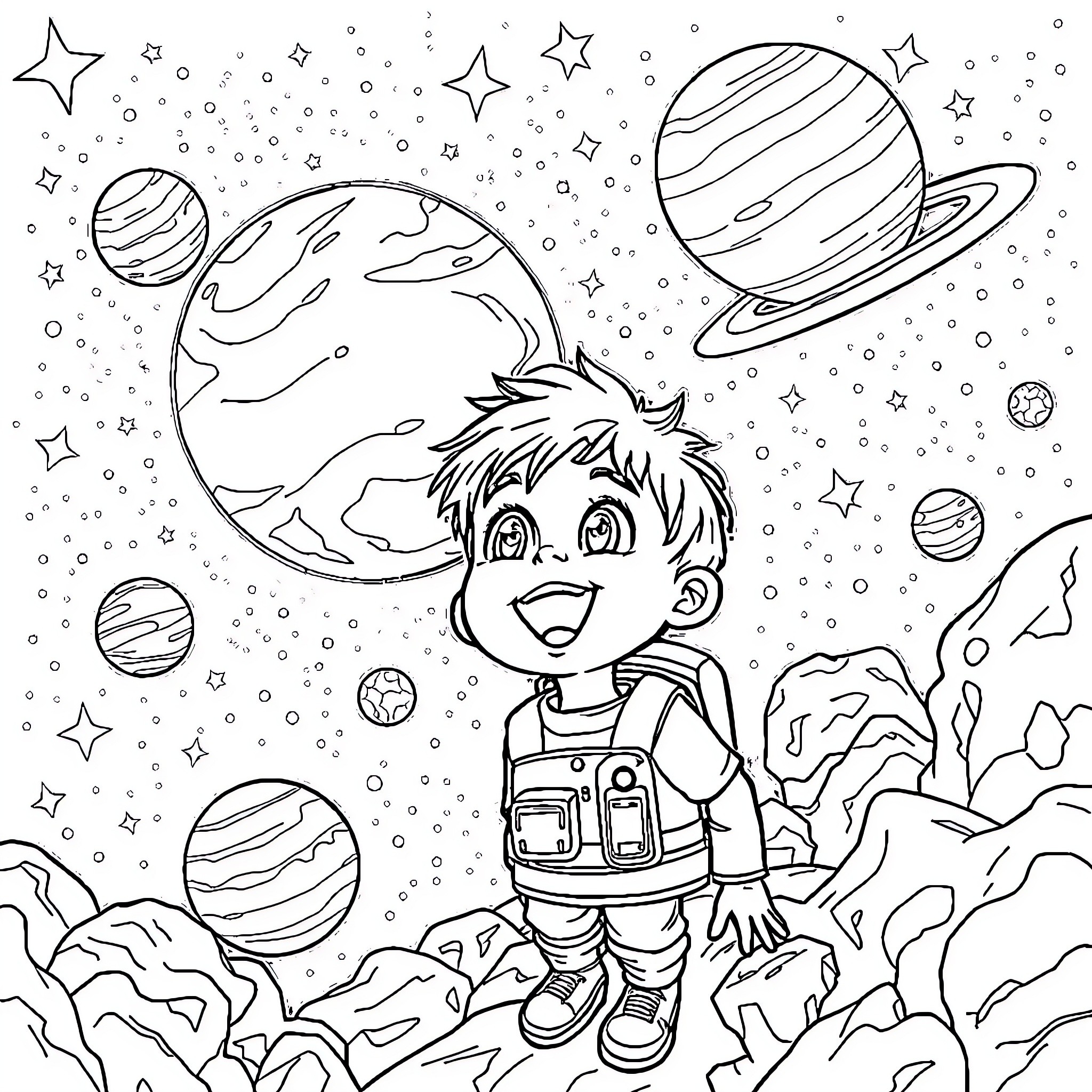 Kid Exploring Outer Space with Planets and Stars Coloring Page (free black-and-white line drawing printable PDF for all, from beginners to advanced learners, including children, teens, adults, and seniors)