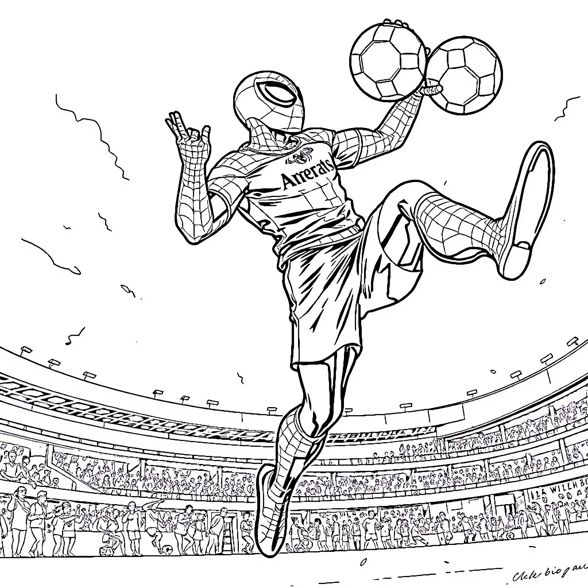 Spiderman Soaring in Soccer Stadium Action Coloring Page (free black-and-white line drawing printable PDF for all, from beginners to advanced learners, including children, teens, adults, and seniors)