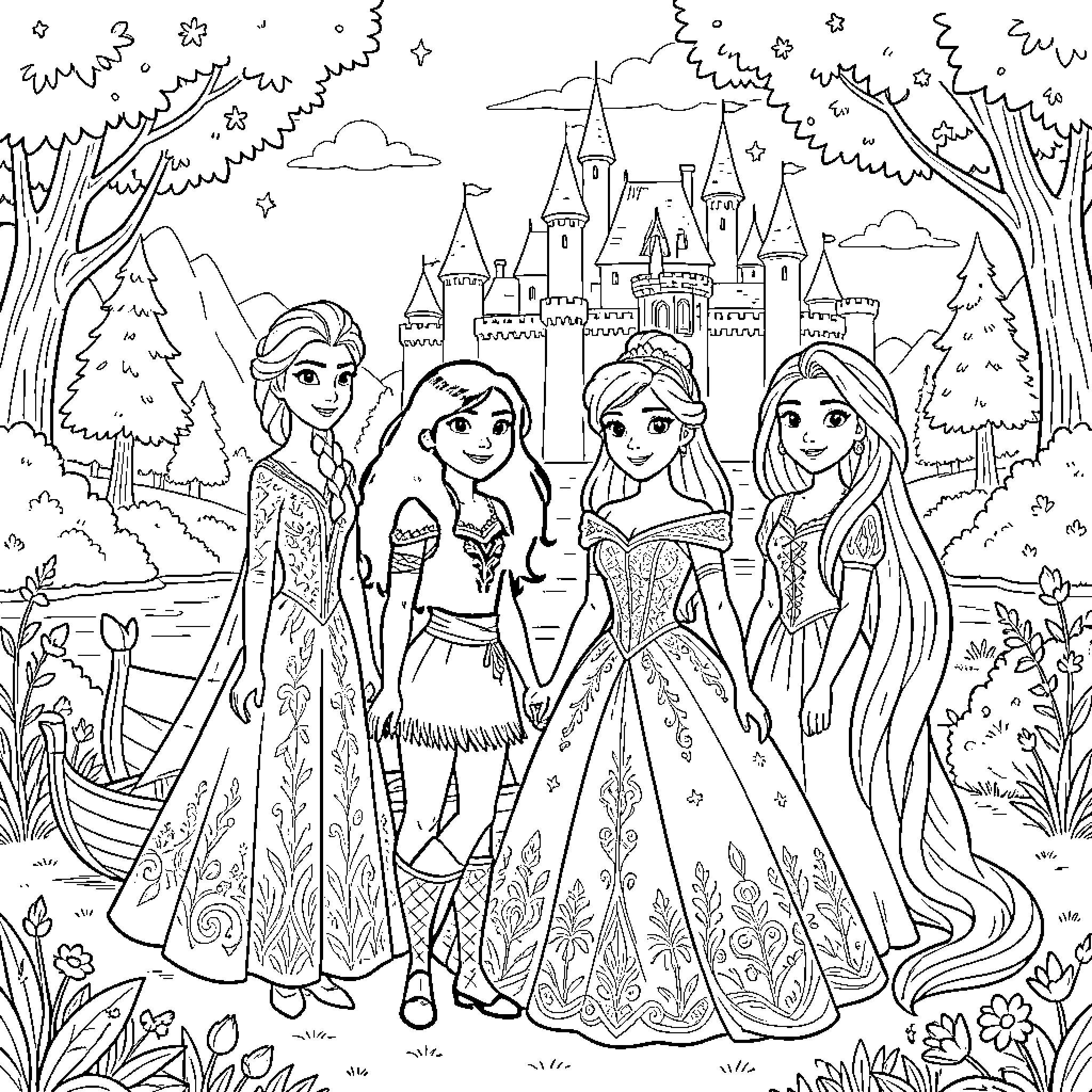 Disney Princess Gathering at the Enchanted Castle Coloring Page (free black-and-white line drawing printable PDF for all, from beginners to advanced learners, including children, teens, adults, and seniors)