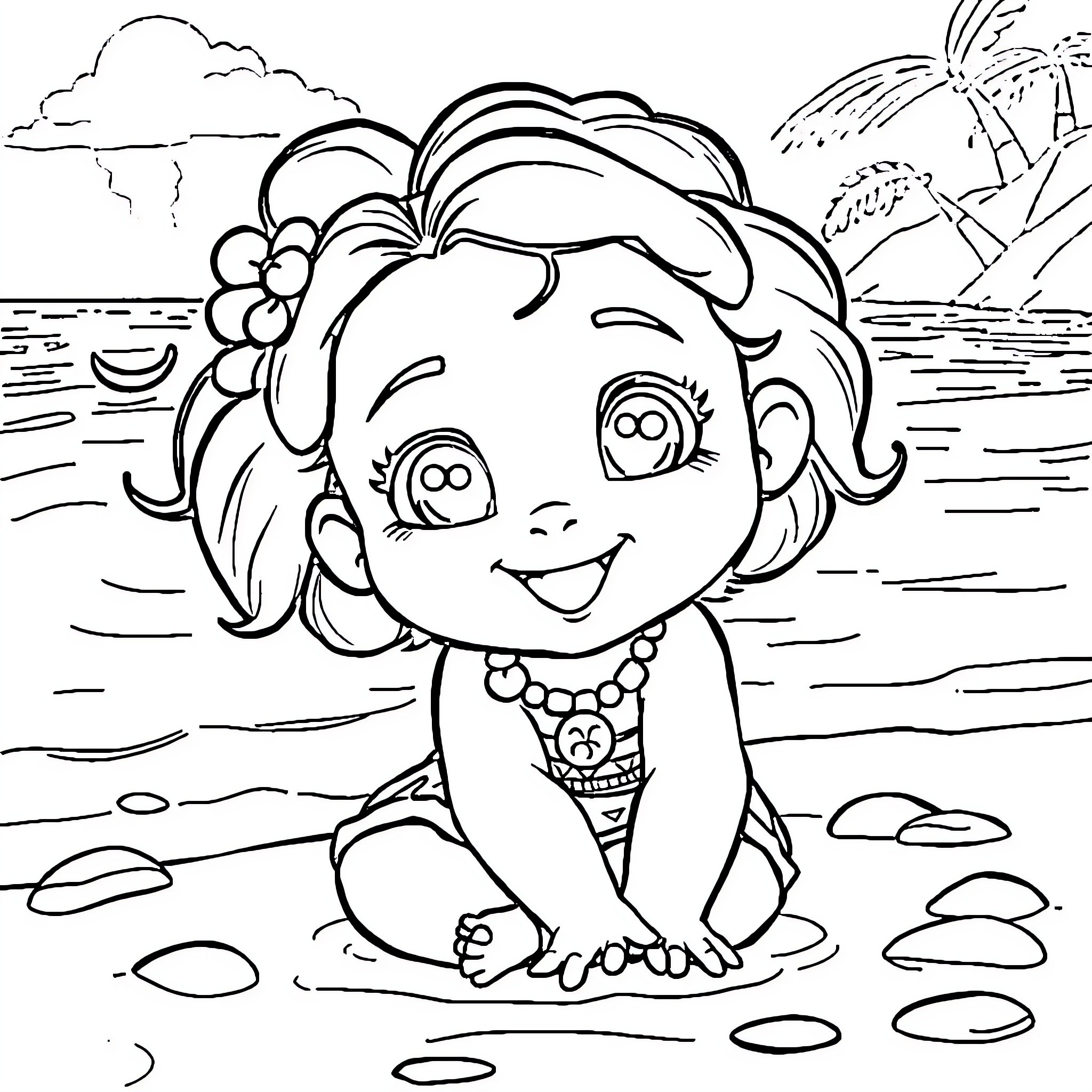 Moana exploring the beach with a smile Coloring Page (free black-and-white line drawing printable PDF for all, from beginners to advanced learners, including children, teens, adults, and seniors)