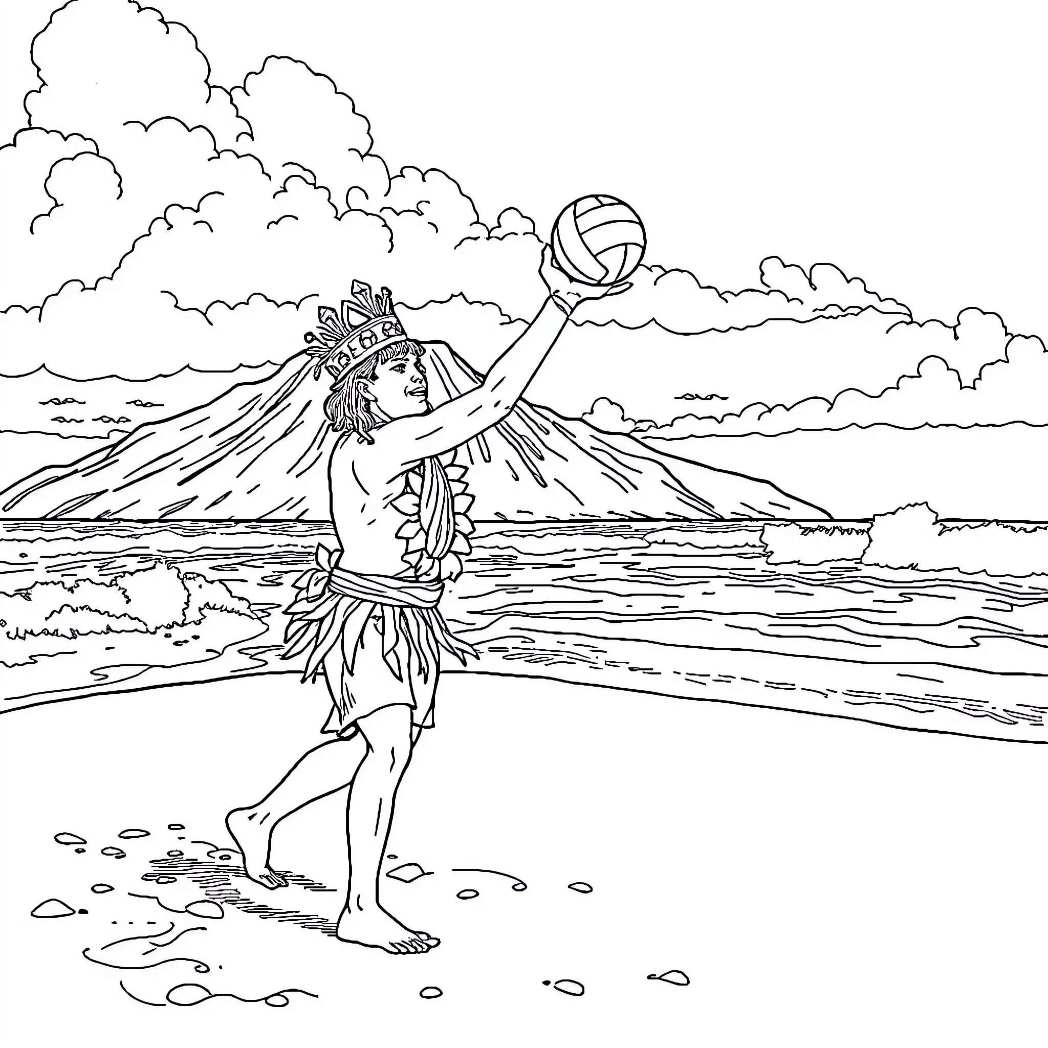 Kamehameha performing a powerful volleyball spike on the beach Coloring Page (free black-and-white line drawing printable PDF for all, from beginners to advanced learners, including children, teens, adults, and seniors)