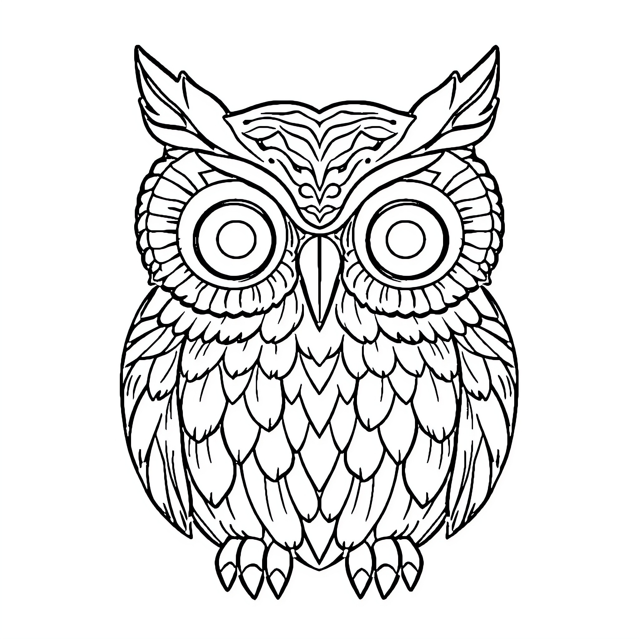 Owl with intricate patterned wings and large eyes Coloring Page (free black-and-white line drawing printable PDF for all, from beginners to advanced learners, including children, teens, adults, and seniors)