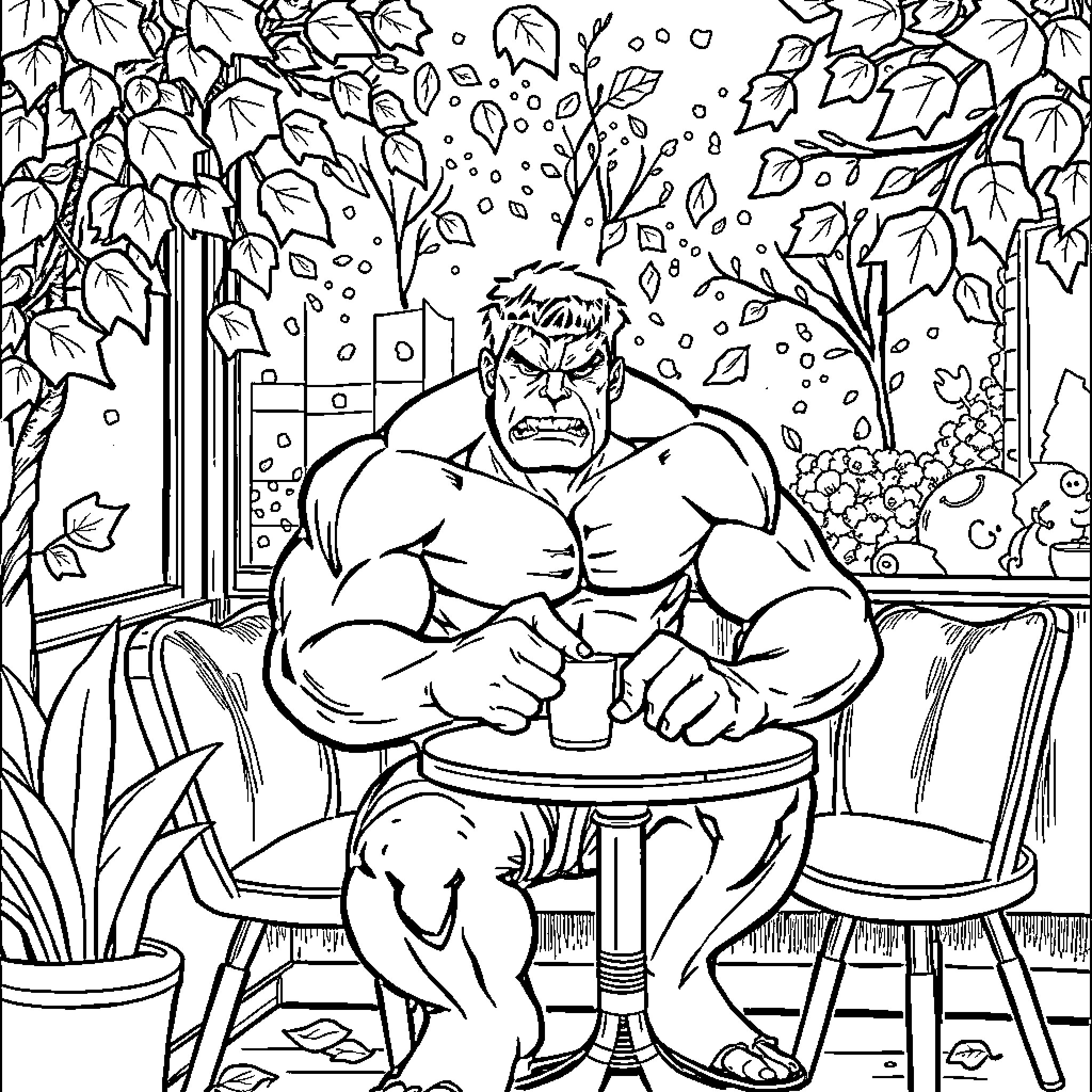 Hulk enjoying a peaceful moment in nature Coloring Page (free black-and-white line drawing printable PDF for all, from beginners to advanced learners, including children, teens, adults, and seniors)
