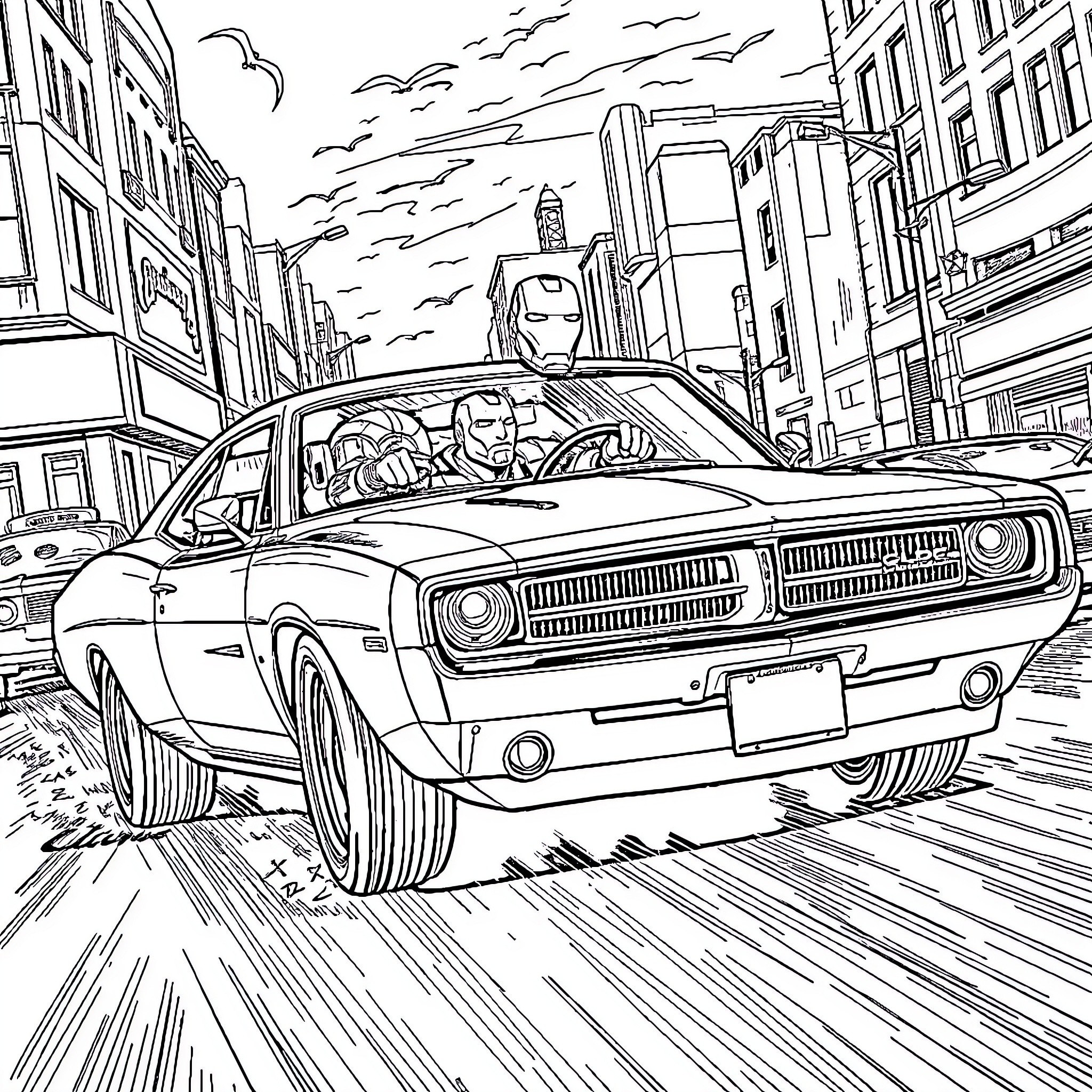 Dodge Charger speeding through city streets Coloring Page (free black-and-white line drawing printable PDF for all, from beginners to advanced learners, including children, teens, adults, and seniors)
