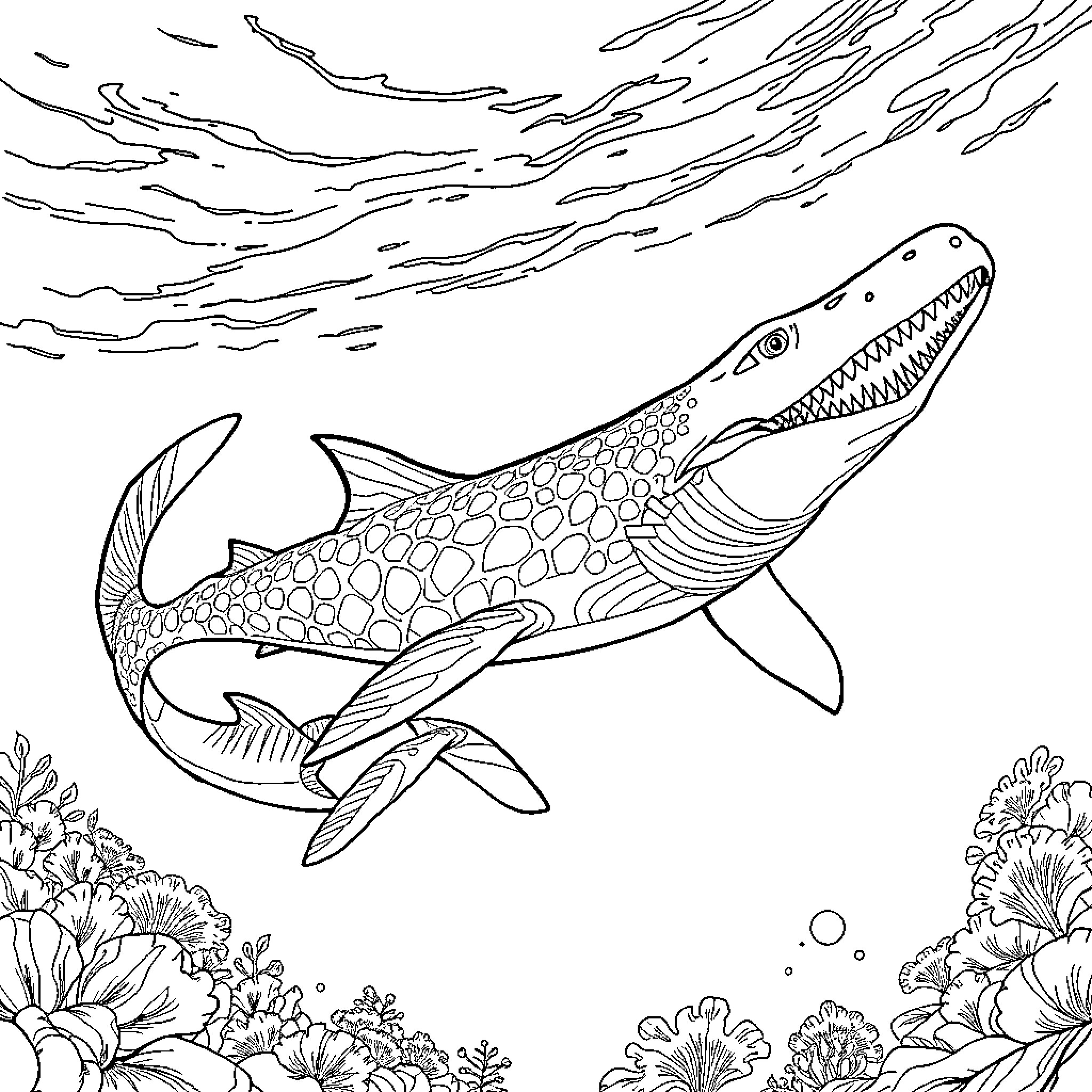 Cachalote swimming among marine vegetation Coloring Page (free black-and-white line drawing printable PDF for all, from beginners to advanced learners, including children, teens, adults, and seniors)