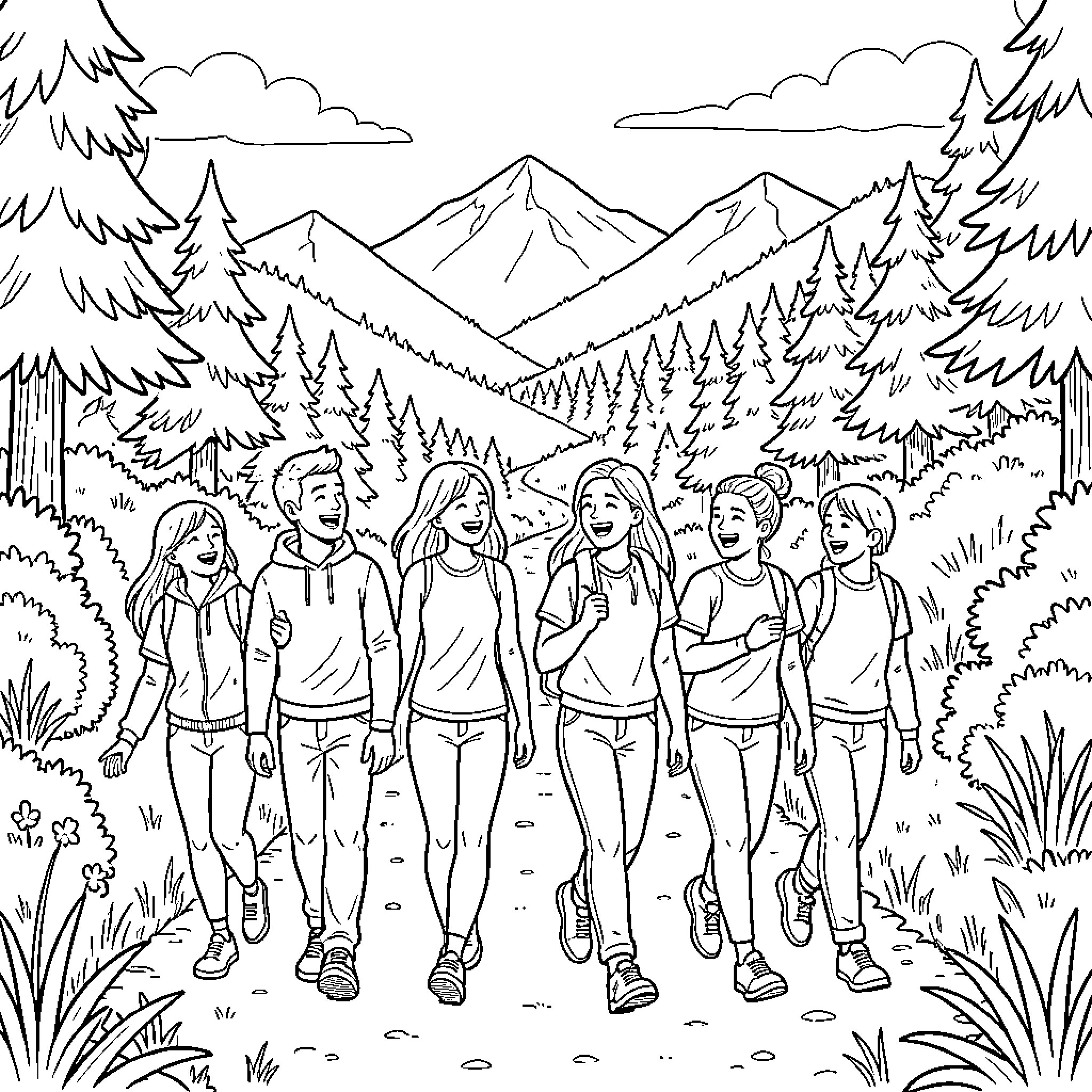 Student friends walking together on a mountain trail Coloring Page (free black-and-white line drawing printable PDF for all, from beginners to advanced learners, including children, teens, adults, and seniors)