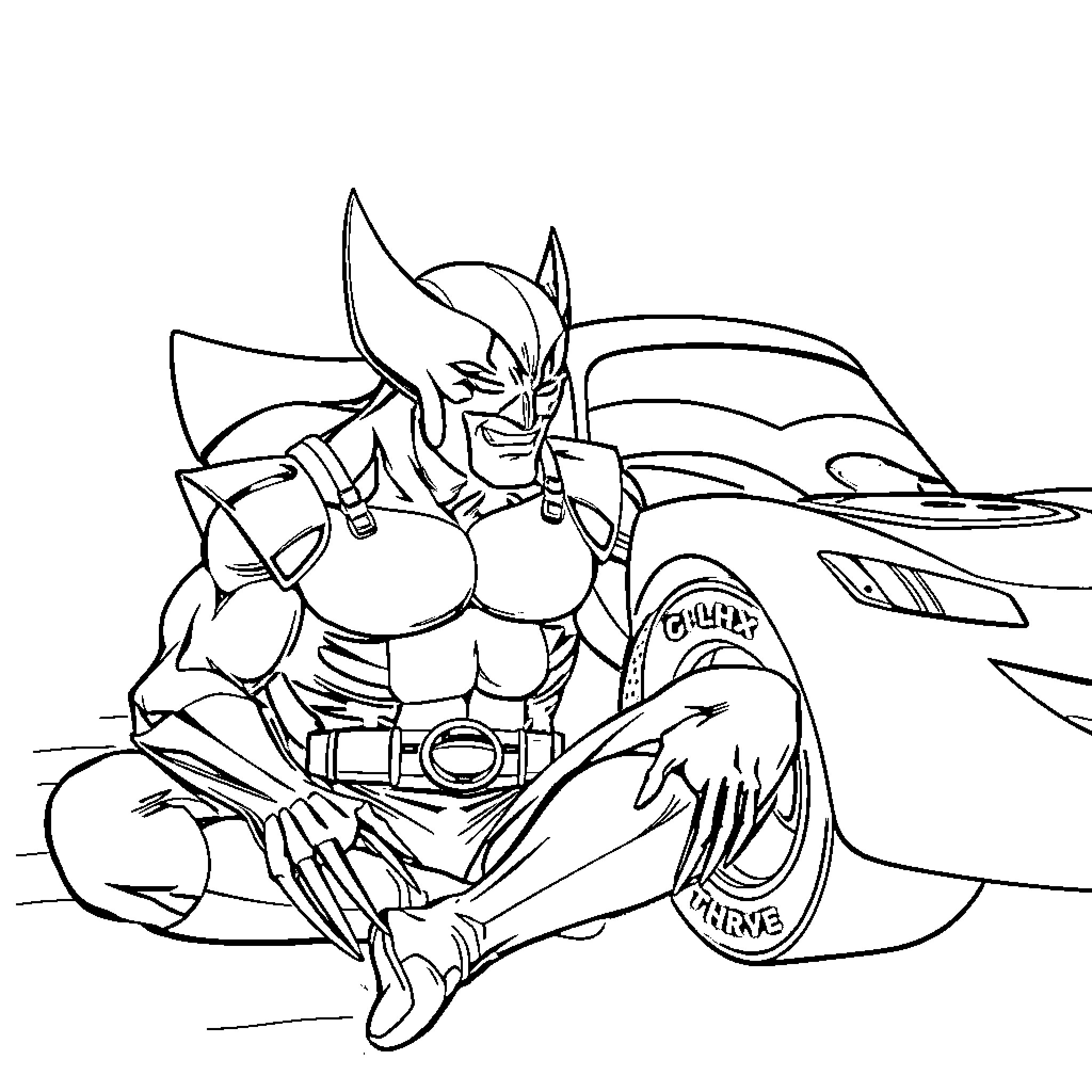 Wolverine Gripping Car in Intense Action Pose Coloring Page (free black-and-white line drawing printable PDF for all, from beginners to advanced learners, including children, teens, adults, and seniors)