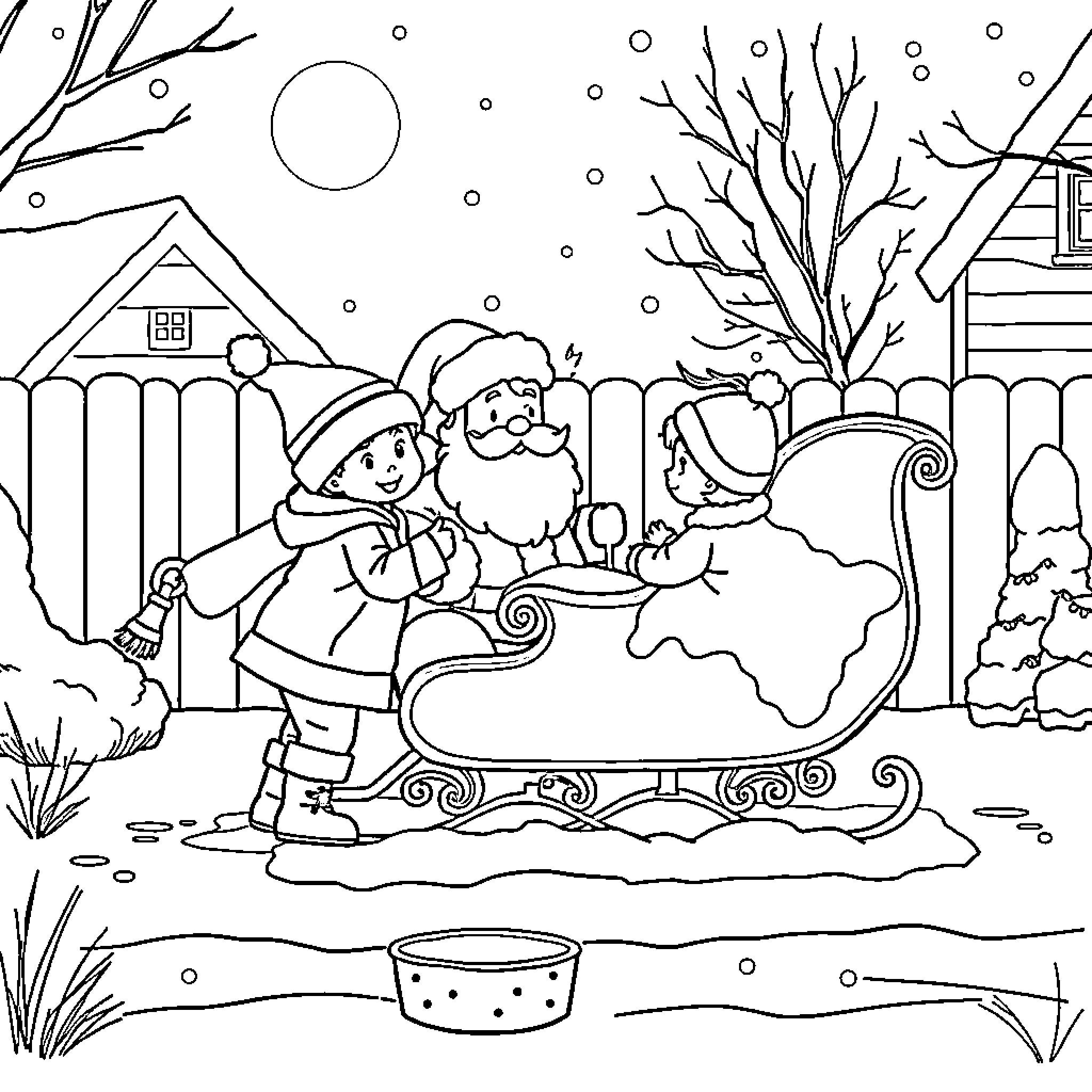 Santa Delivering Gifts on Snowy Winter Night Coloring Page (free black-and-white line drawing printable PDF for all, from beginners to advanced learners, including children, teens, adults, and seniors)