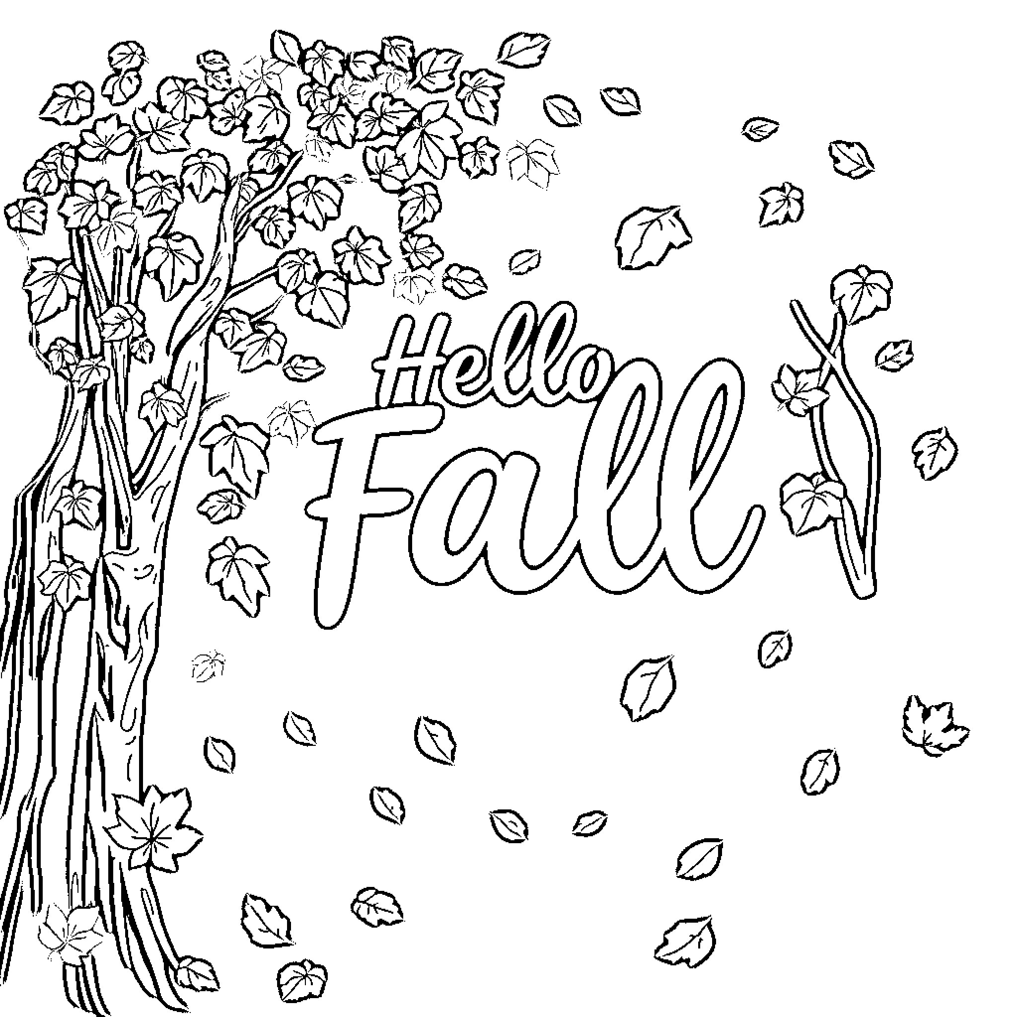 Fall nature scene with leaves Coloring Page (free black-and-white line drawing printable PDF for all, from beginners to advanced learners, including children, teens, adults, and seniors)