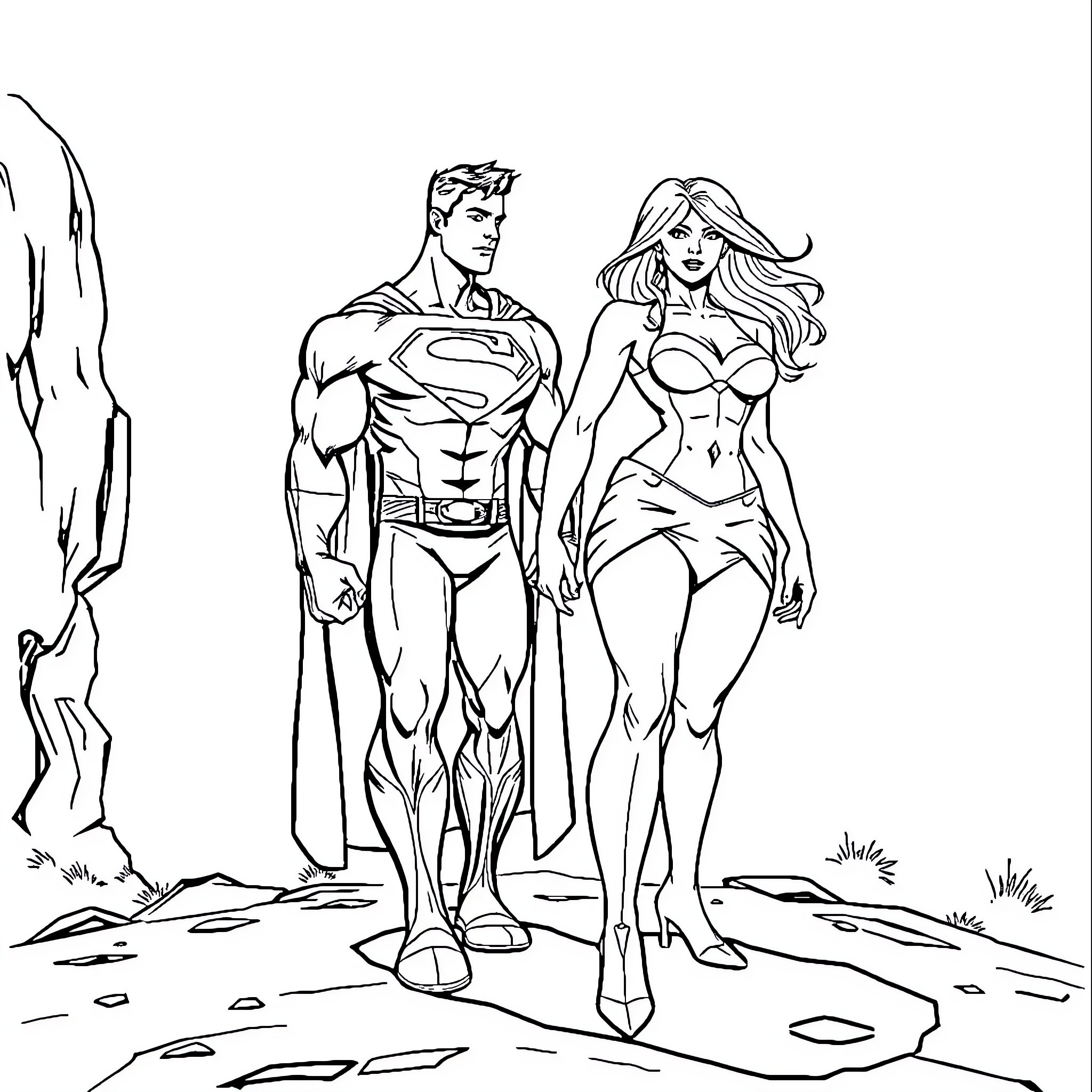 Superman and superheroine in action pose Coloring Page (free black-and-white line drawing printable PDF for all, from beginners to advanced learners, including children, teens, adults, and seniors)