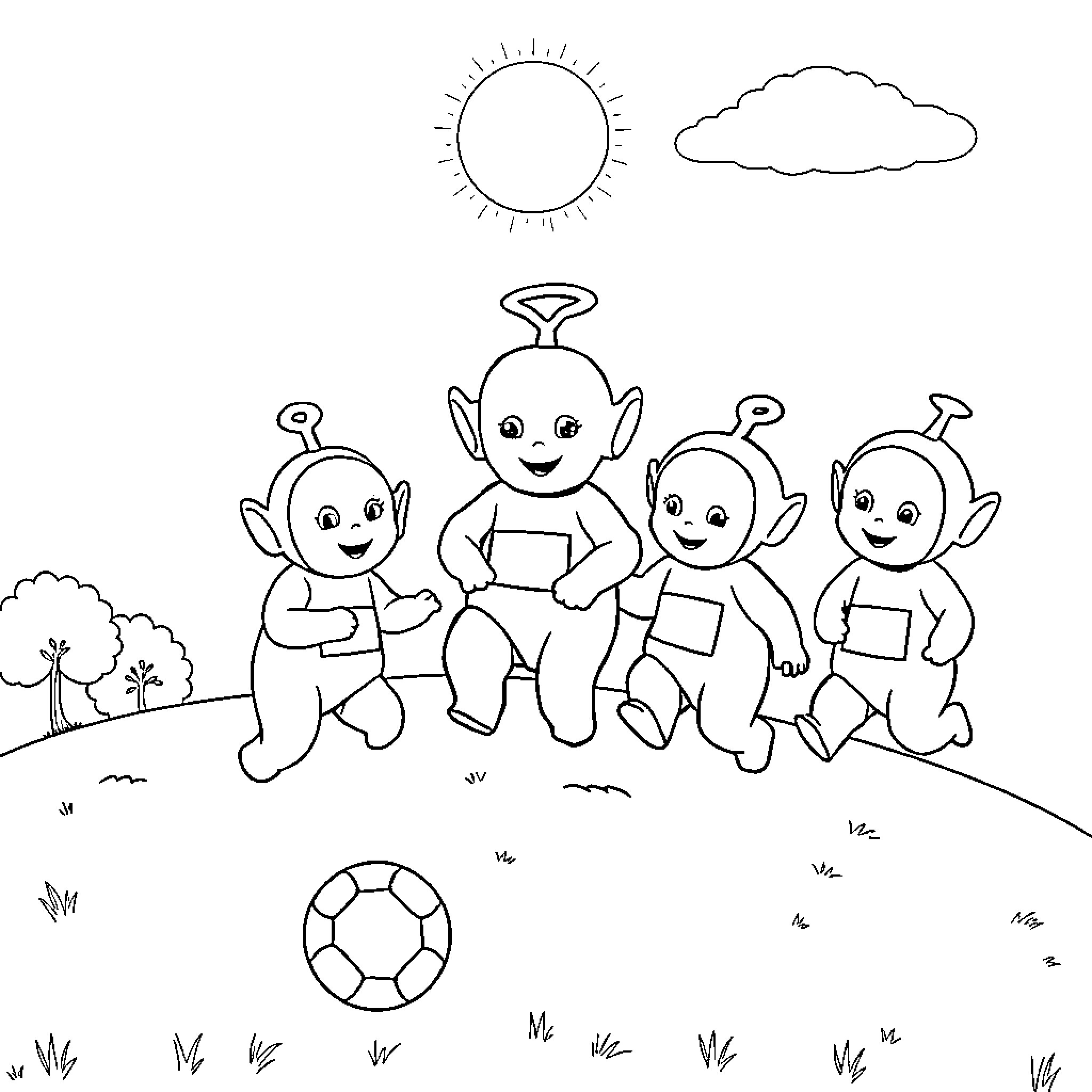 Teletubby friends playing together in the park Coloring Page (free black-and-white line drawing printable PDF for all, from beginners to advanced learners, including children, teens, adults, and seniors)