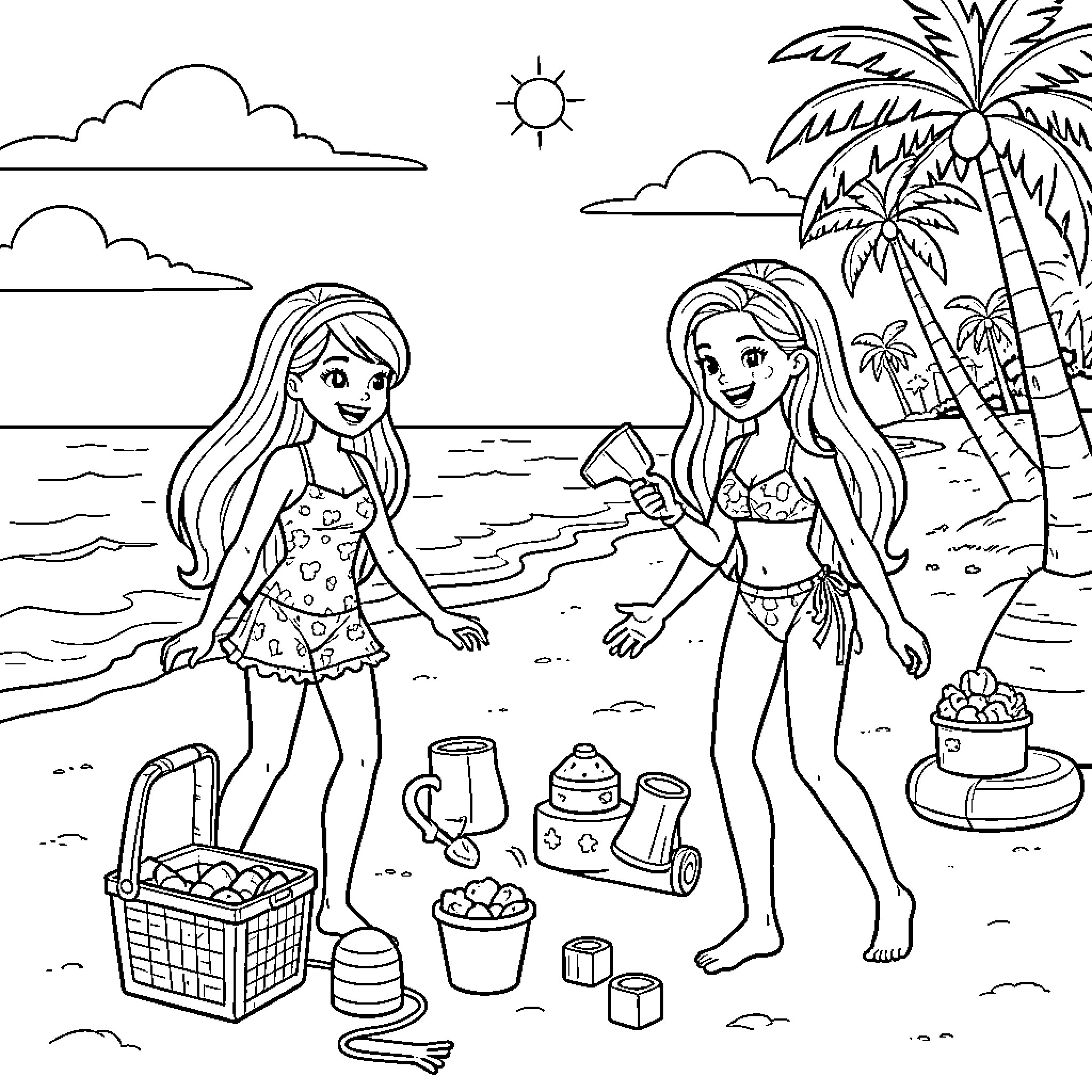 Barbie Dolls Enjoying Beach Fun and Picnic Coloring Page (free black-and-white line drawing printable PDF for all, from beginners to advanced learners, including children, teens, adults, and seniors)