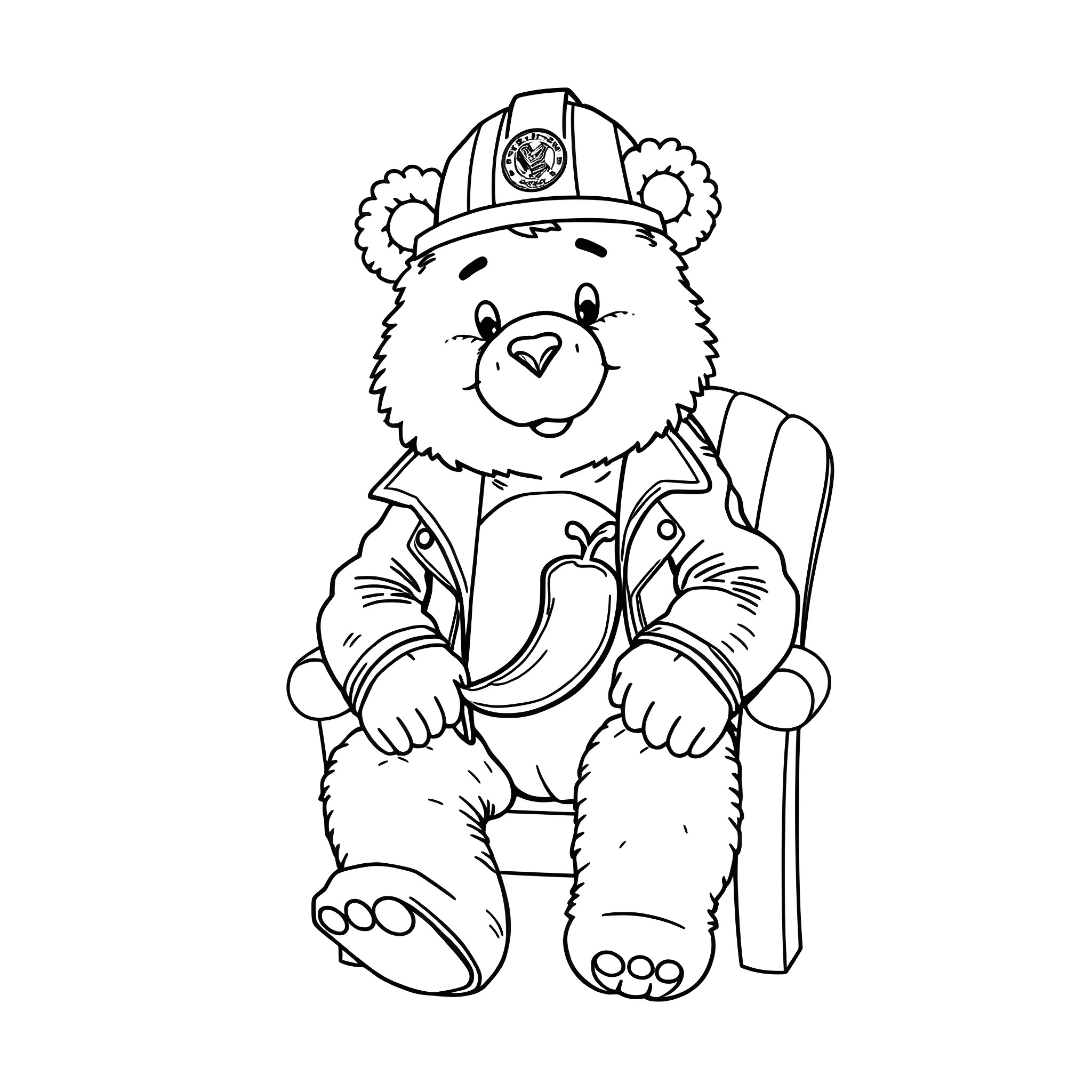Care Bear firefighter posing happily in uniform Coloring Page (free black-and-white line drawing printable PDF for all, from beginners to advanced learners, including children, teens, adults, and seniors)