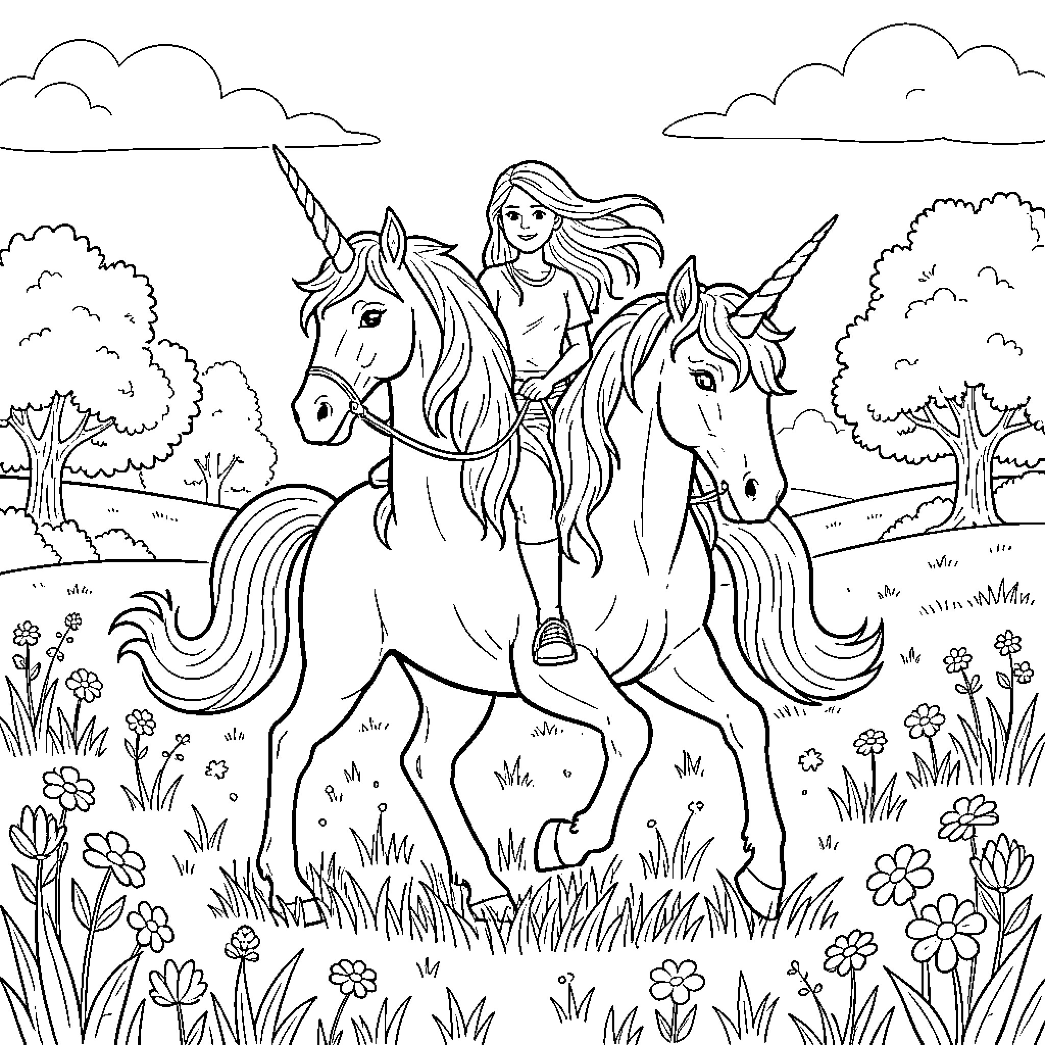 Romy Huntrix riding unicorns through a flowery meadow Coloring Page (free black-and-white line drawing printable PDF for all, from beginners to advanced learners, including children, teens, adults, and seniors)
