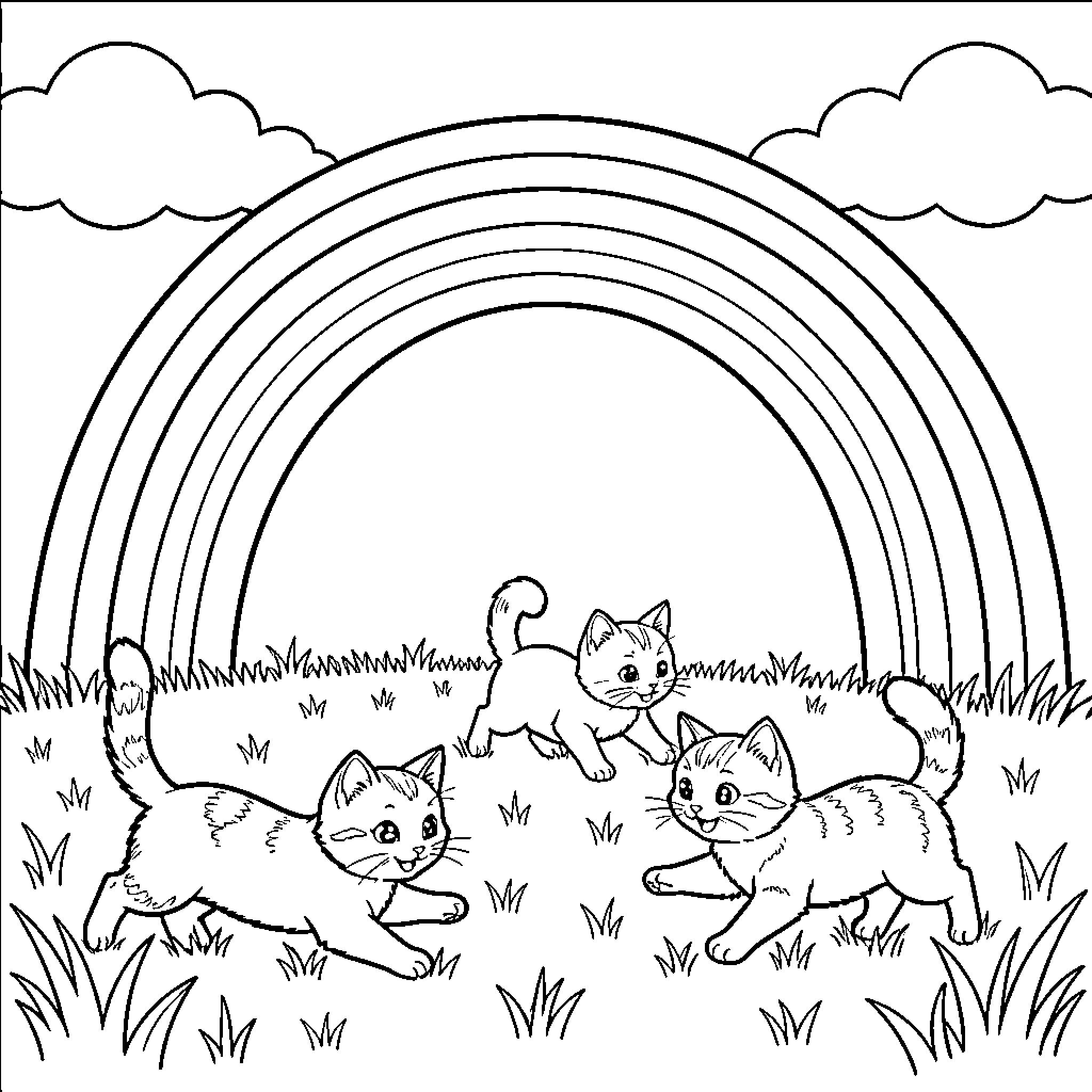 Kitten trio playing happily under a large rainbow Coloring Page (free black-and-white line drawing printable PDF for all, from beginners to advanced learners, including children, teens, adults, and seniors)