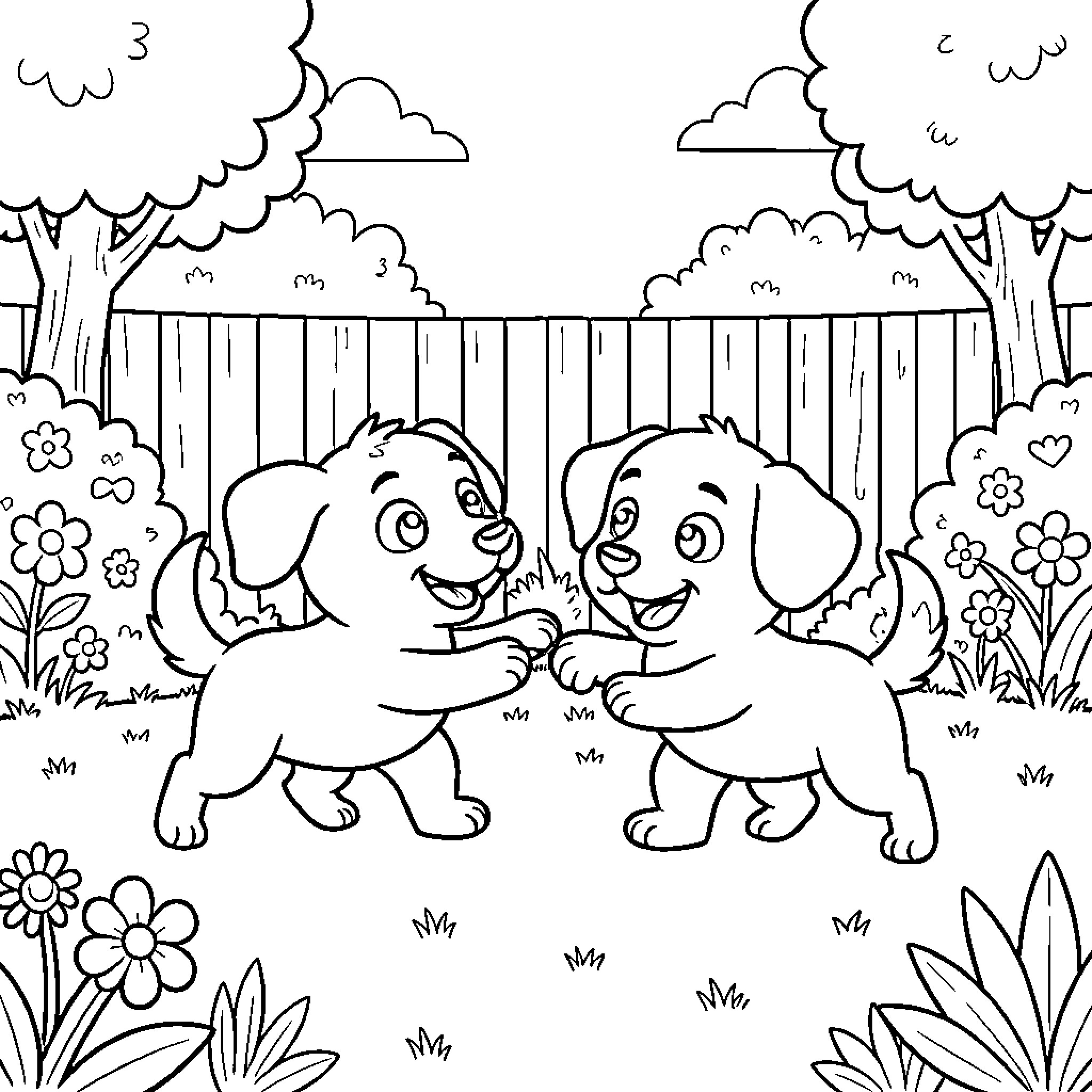 Bluey and friends playing happily in the garden Coloring Page (free black-and-white line drawing printable PDF for all, from beginners to advanced learners, including children, teens, adults, and seniors)