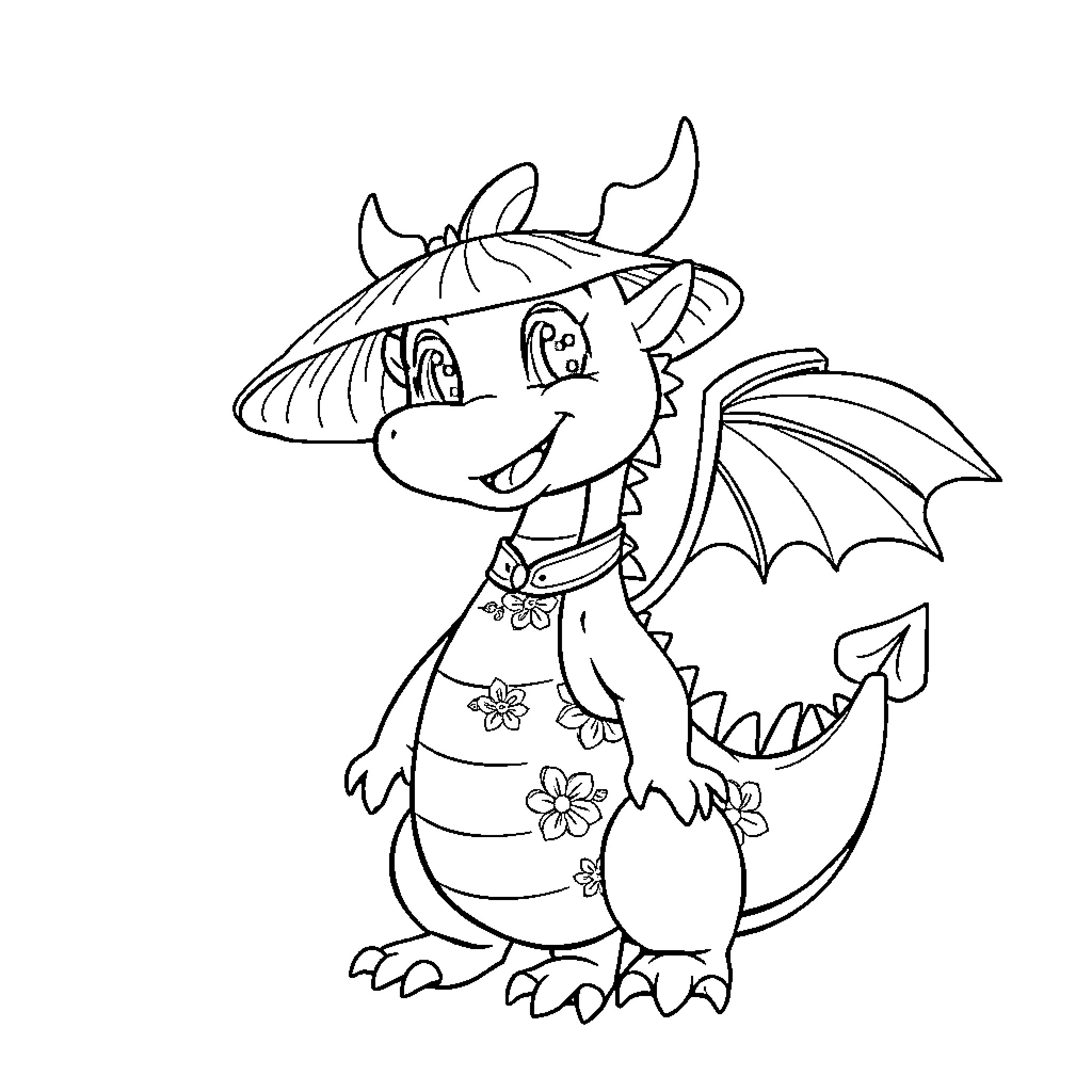 Dragon with a Floral Pattern Outfit Coloring Page (free black-and-white line drawing printable PDF for all, from beginners to advanced learners, including children, teens, adults, and seniors)